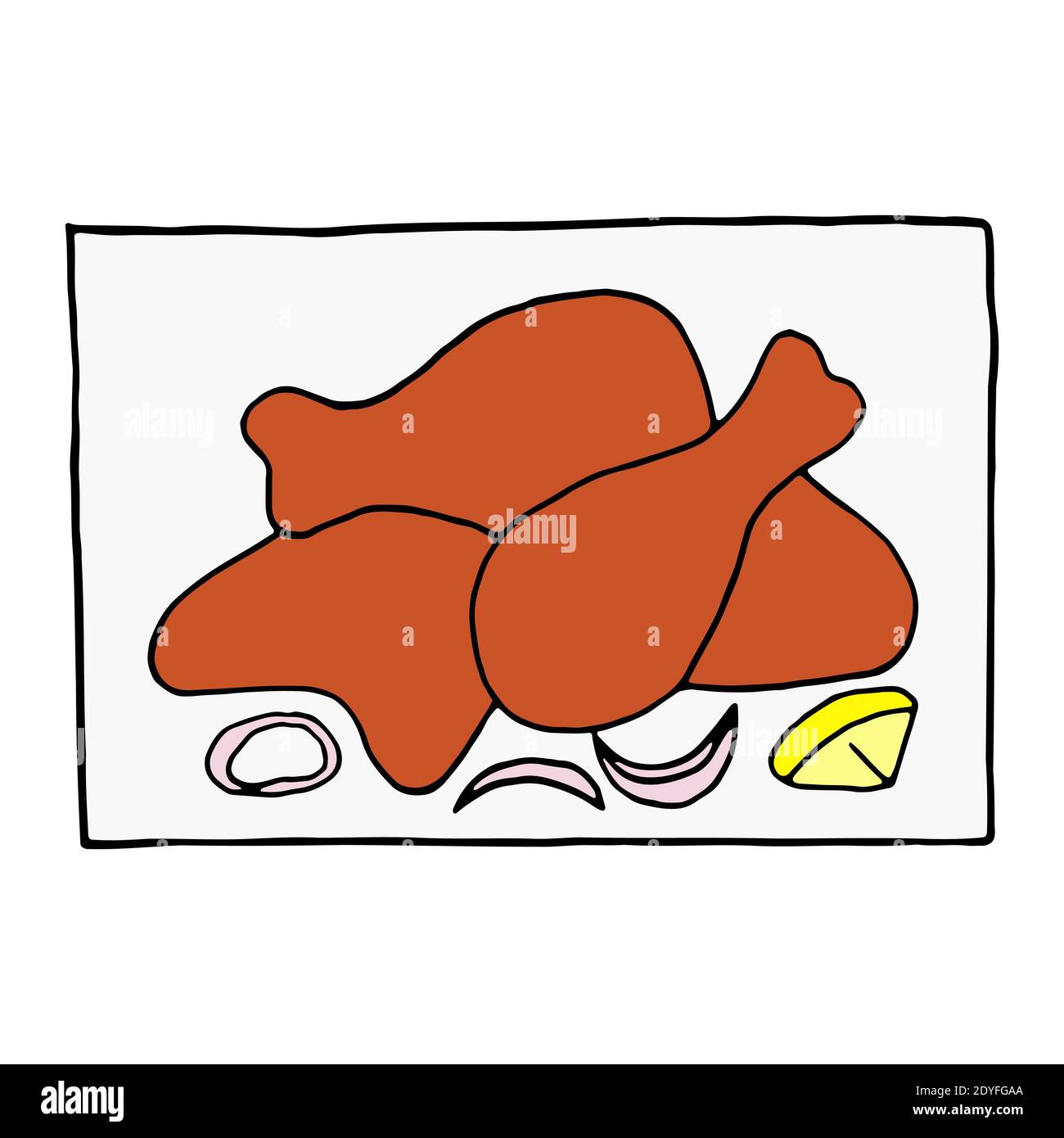 Tandoori di pollo trainato a mano vettoriale. Piatto di cucina indiana. Progettare un elemento di schizzo per menu cafè, ristorante, etichetta e imballaggio. Illustratore colorato Illustrazione Vettoriale