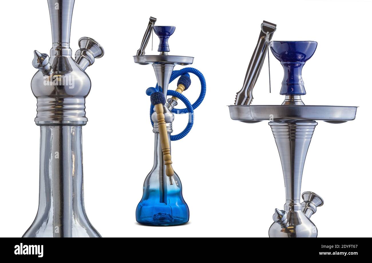 tubo dell'acqua isolato colorato o hookah. Set di narghilè tradizionali Foto Stock
