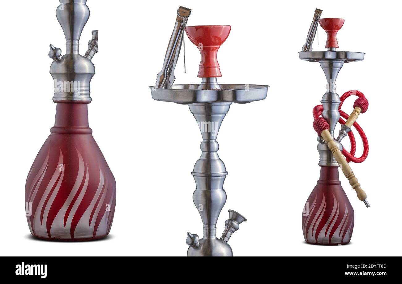 tubo dell'acqua isolato colorato o hookah. Set di narghilè tradizionali Foto Stock