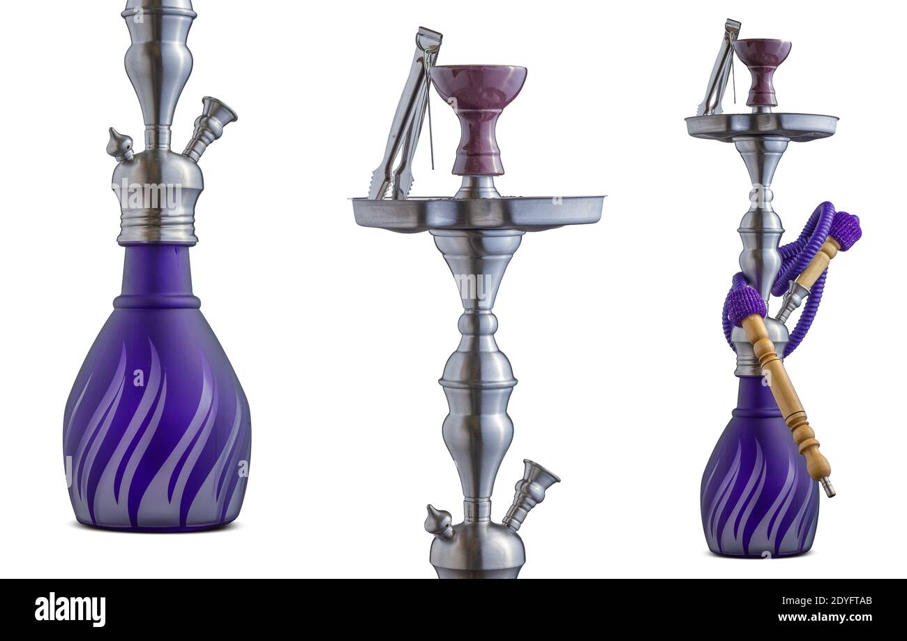tubo dell'acqua isolato colorato o hookah. Set di narghilè tradizionali Foto Stock