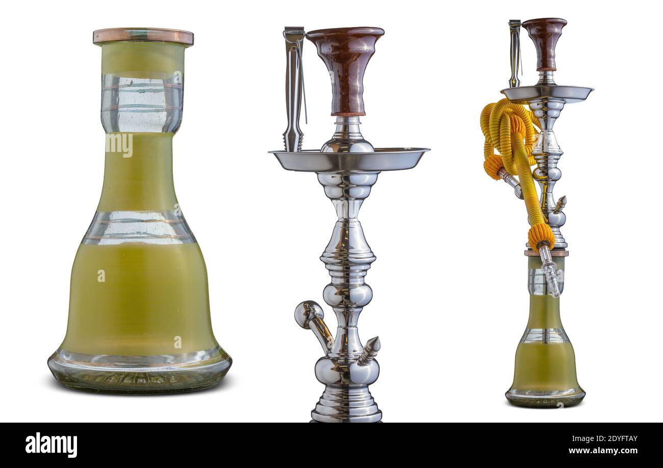 tubo dell'acqua isolato colorato o hookah. Set di narghilè tradizionali Foto Stock