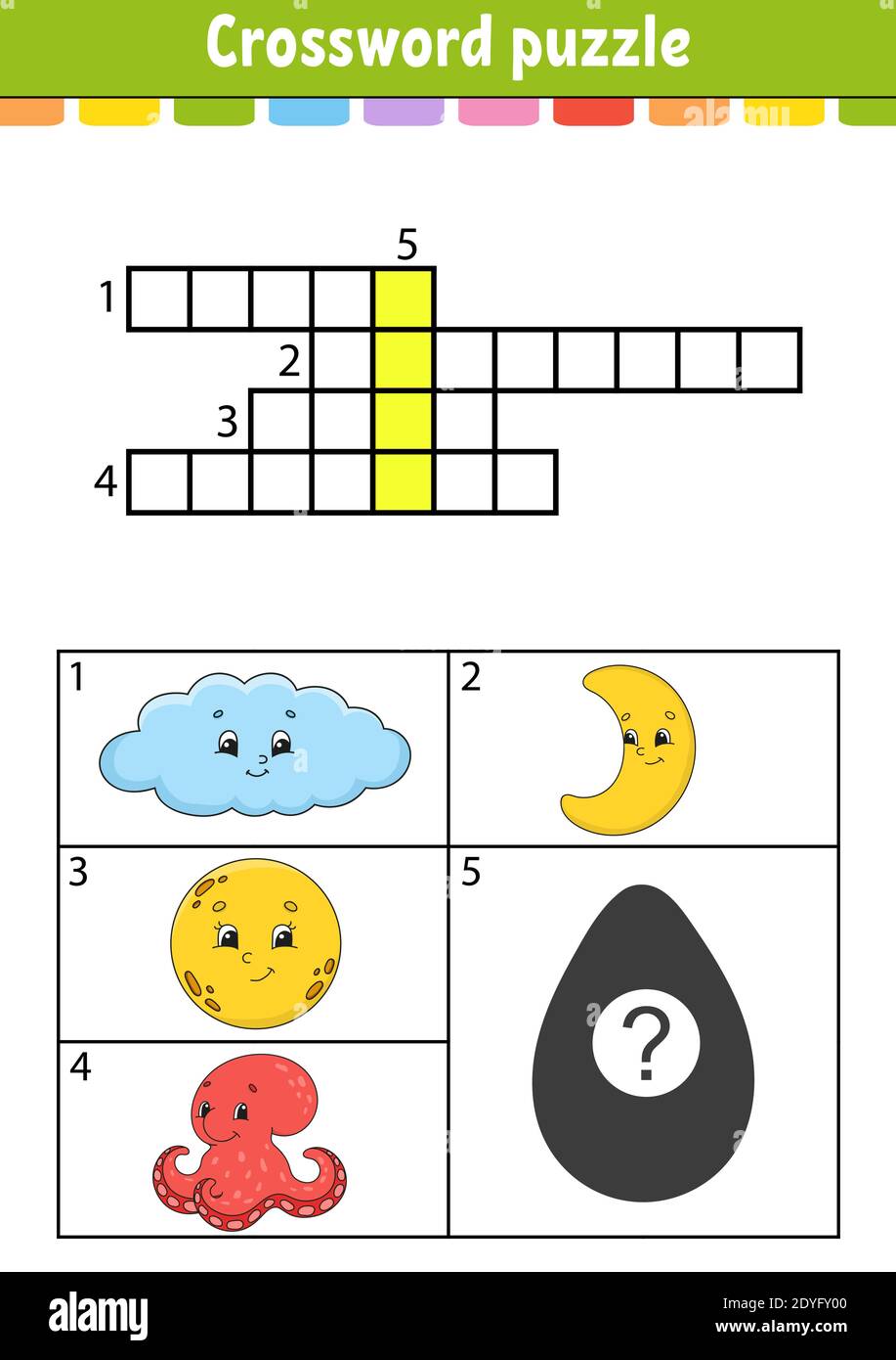 Crossword puzzle. Foglio di lavoro per lo sviluppo dell'istruzione. Pagina delle attività per lo studio dell'inglese. Con immagini a colori. Gioco per bambini. Illustratio vettoriale isolato Illustrazione Vettoriale