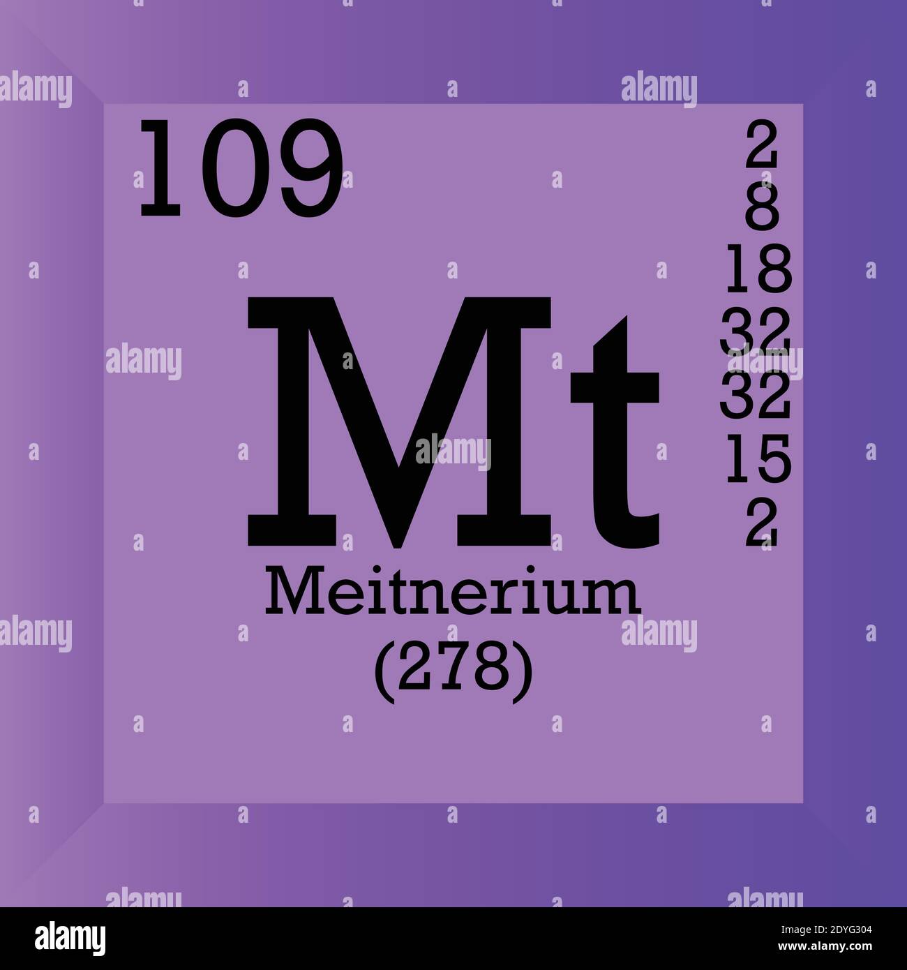 Mt Meitnerium Tavola periodica degli elementi chimici. Illustrazione vettoriale singolo, icona elemento con massa molare, numero atomico e conn. Elettronico Illustrazione Vettoriale