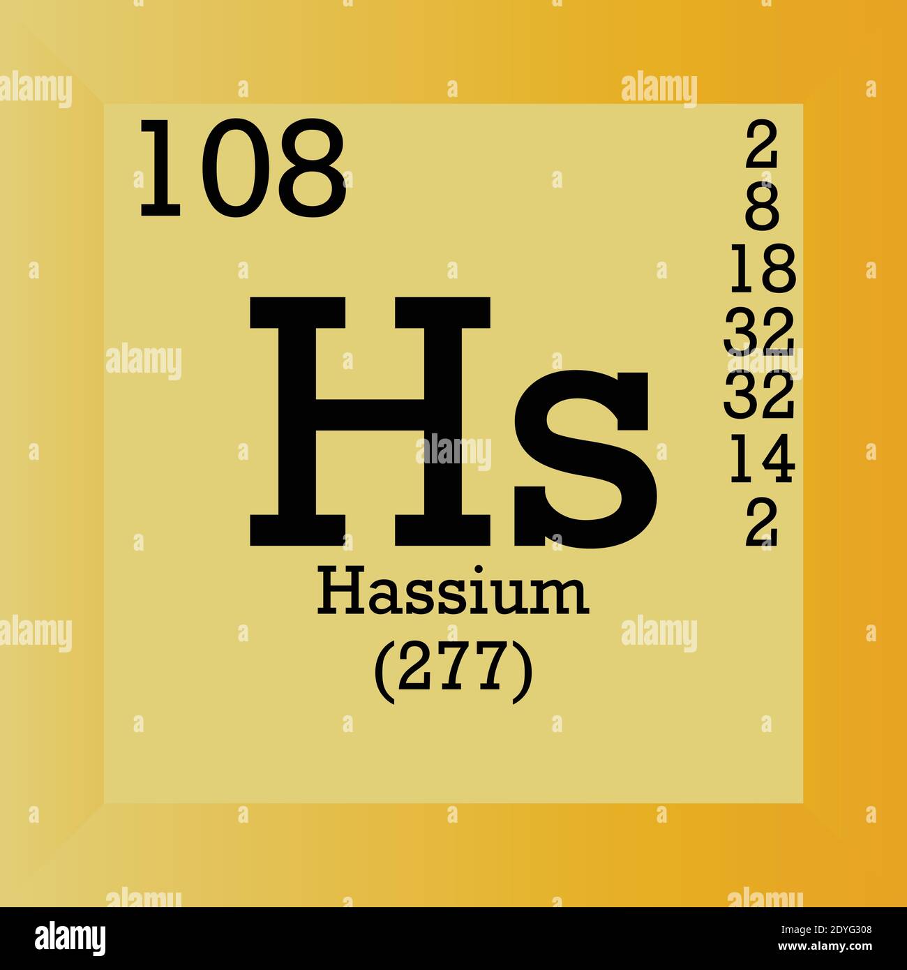 Tabella periodica degli elementi chimici in Hassio HS. Illustrazione vettoriale singolo, icona elemento con massa molare, numero atomico e conn. Elettronico Illustrazione Vettoriale