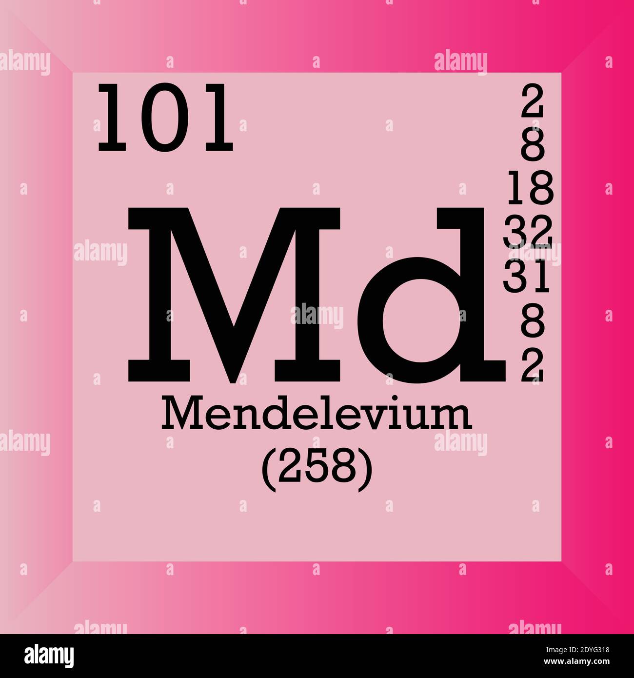 MD Mendelevium Tabella periodica degli elementi chimici. Illustrazione vettoriale singolo, icona elemento con massa molare, numero atomico e conn. Elettronico Illustrazione Vettoriale