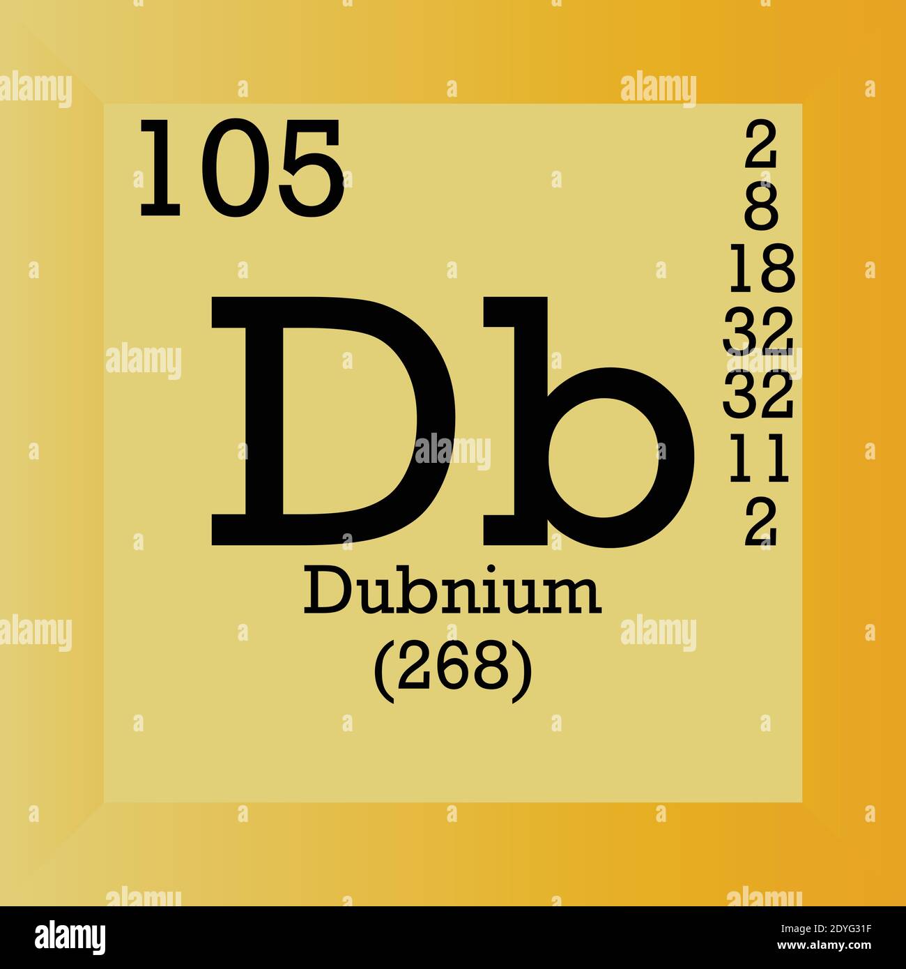 DB Dubnium Tabella periodica degli elementi chimici. Illustrazione vettoriale singolo, icona elemento con massa molare, numero atomico e conn. Elettronico Illustrazione Vettoriale
