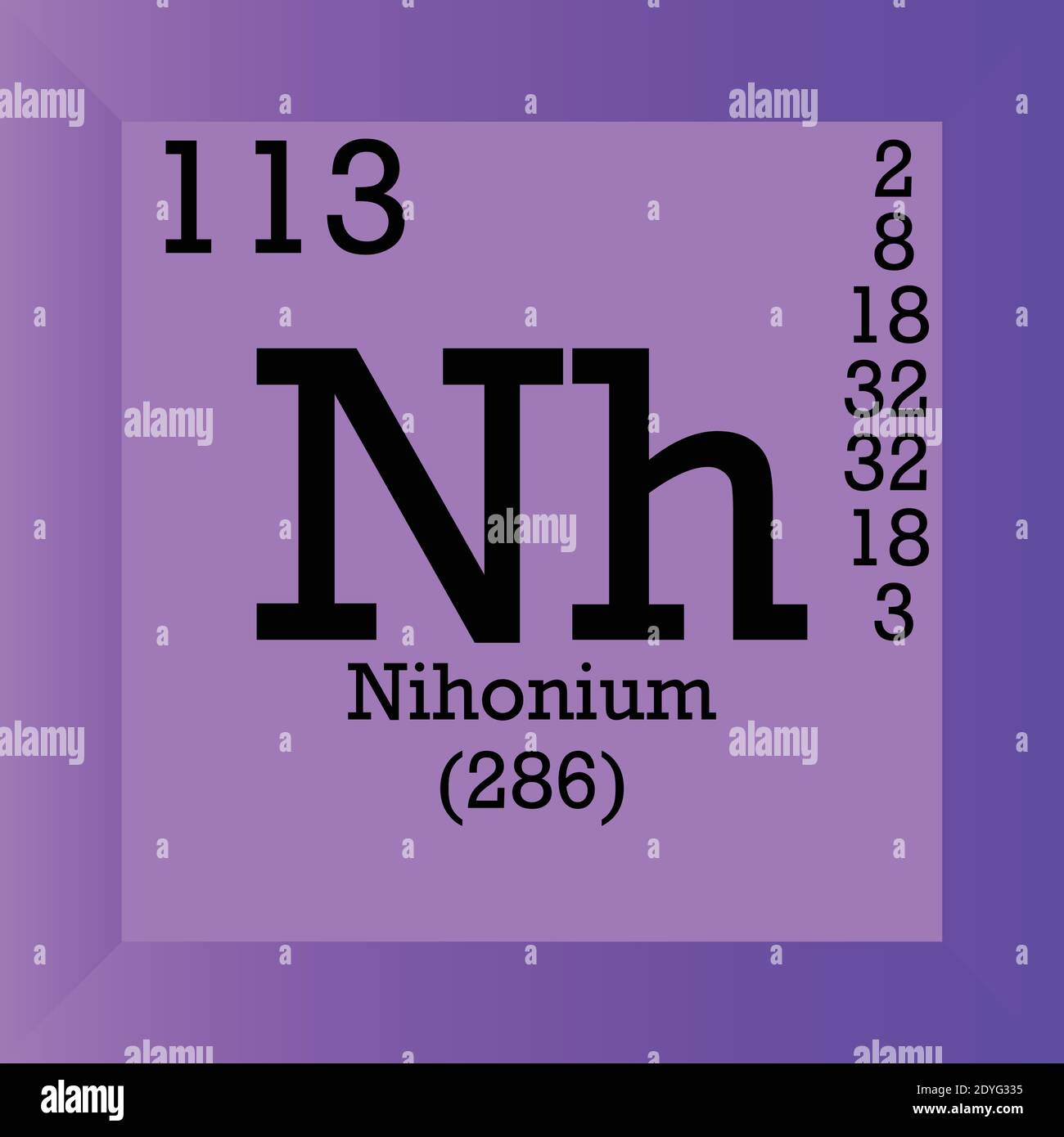 NH Nihonium Tabella periodica degli elementi chimici. Illustrazione vettoriale singolo, icona elemento con massa molare, numero atomico e conn. Elettronico Illustrazione Vettoriale