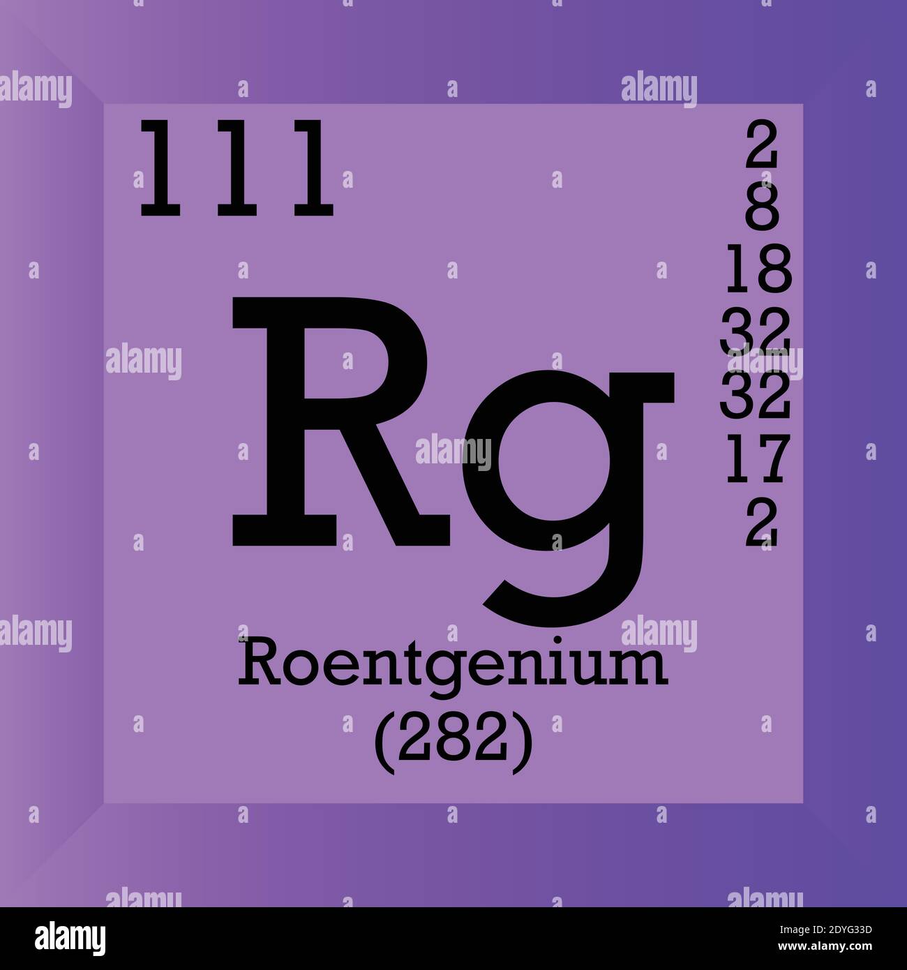 RG Roentgenium Tabella periodica degli elementi chimici. Illustrazione vettoriale singolo, icona elemento con massa molare, numero atomico e conn. Elettronico Illustrazione Vettoriale