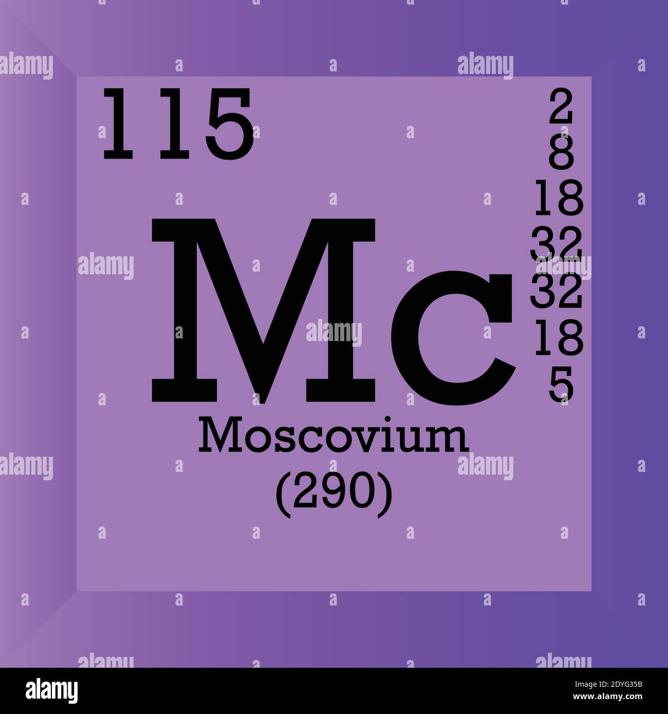 MC Moscovio elemento chimico Tavola periodica. Illustrazione vettoriale singolo, icona elemento con massa molare, numero atomico e conn. Elettronico Illustrazione Vettoriale