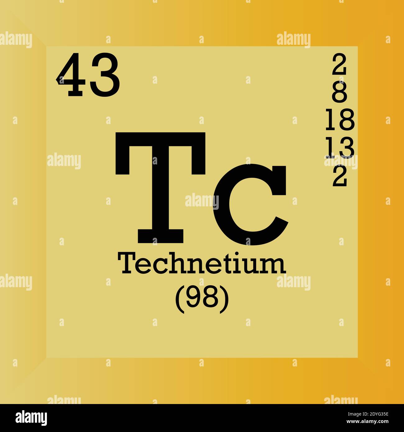 Tabella periodica degli elementi chimici del tecnezio TC. Illustrazione vettoriale singolo, icona elemento con massa molare, numero atomico e conn. Elettronico Illustrazione Vettoriale