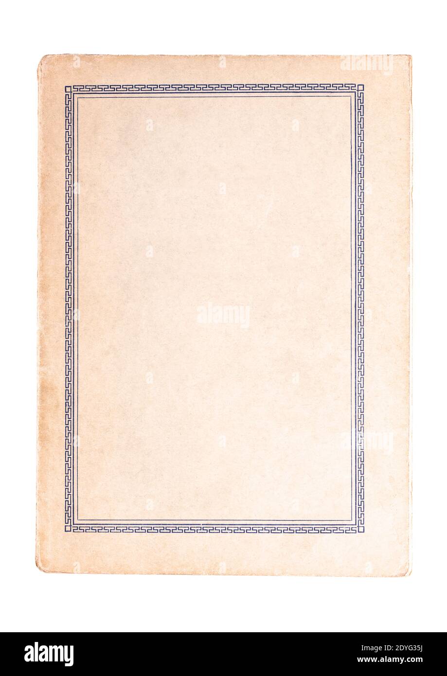Copertina classica di libri antichi vuota all'interno, vuota vecchia cornice di libro retrò, design datato. Elegante bordo geometrico, elegante carta vintage usurata, isolata Foto Stock
