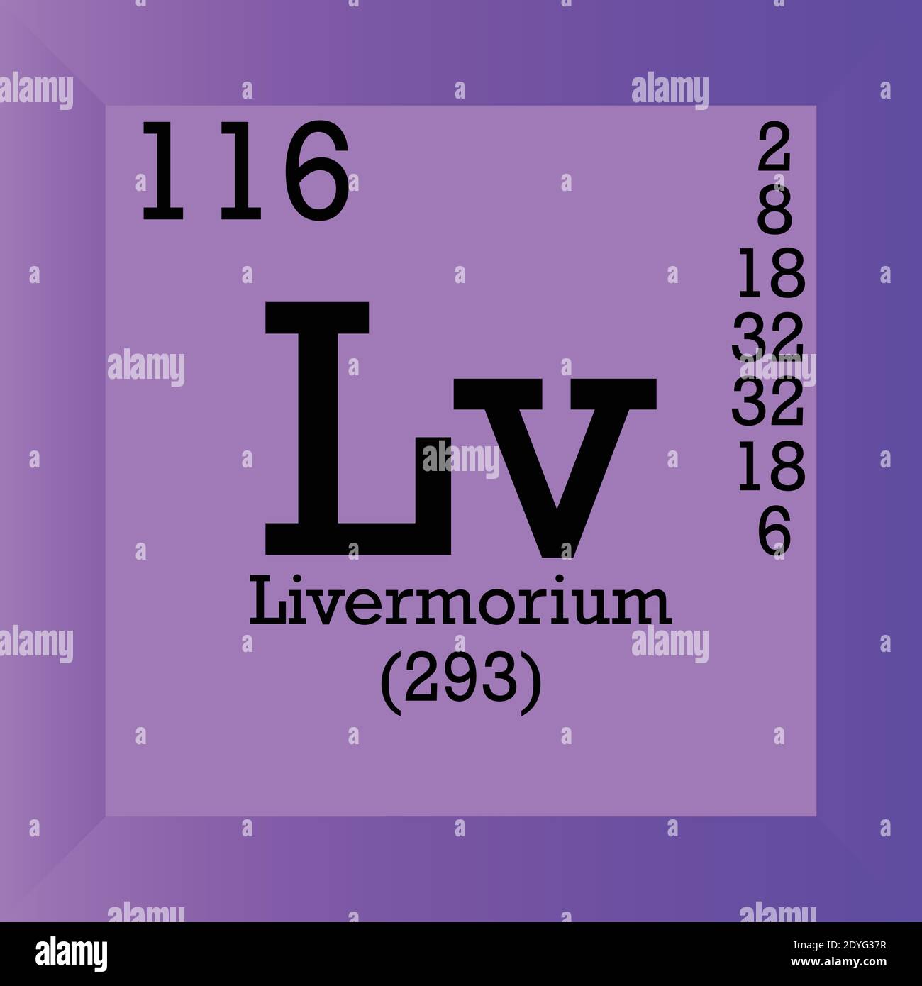LV Livermorium Tabella periodica degli elementi chimici. Illustrazione vettoriale singolo, icona elemento con massa molare, numero atomico e conn. Elettronico Illustrazione Vettoriale