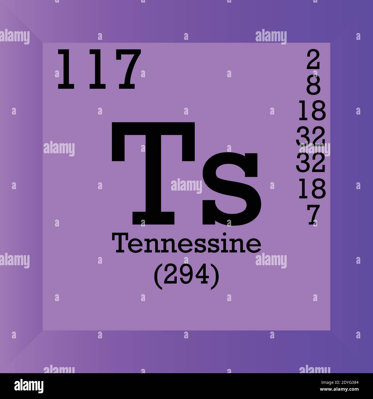 Tabella periodica degli elementi chimici Tennessine. Illustrazione vettoriale singolo, icona elemento con massa molare, numero atomico e conn. Elettronico Illustrazione Vettoriale