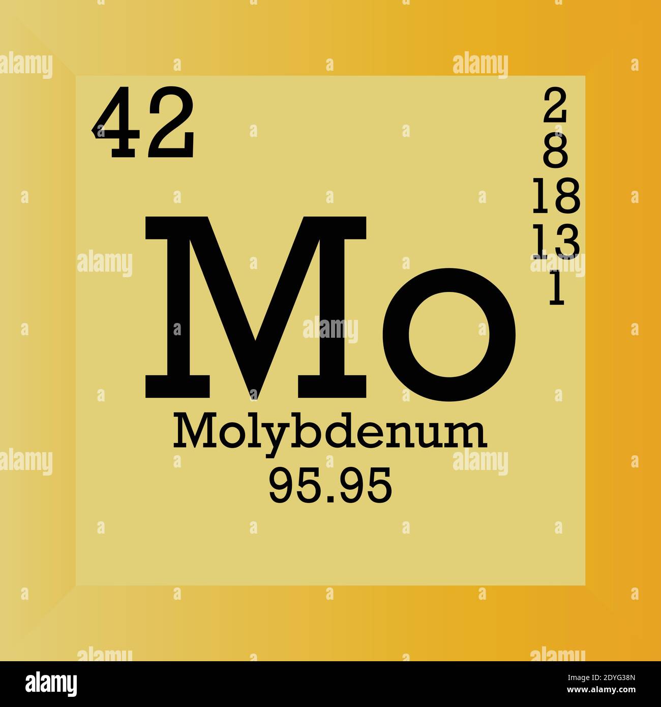 MO Molibdeno elemento chimico Tavola periodica. Illustrazione vettoriale singolo, icona elemento con massa molare, numero atomico e conn. Elettronico Illustrazione Vettoriale
