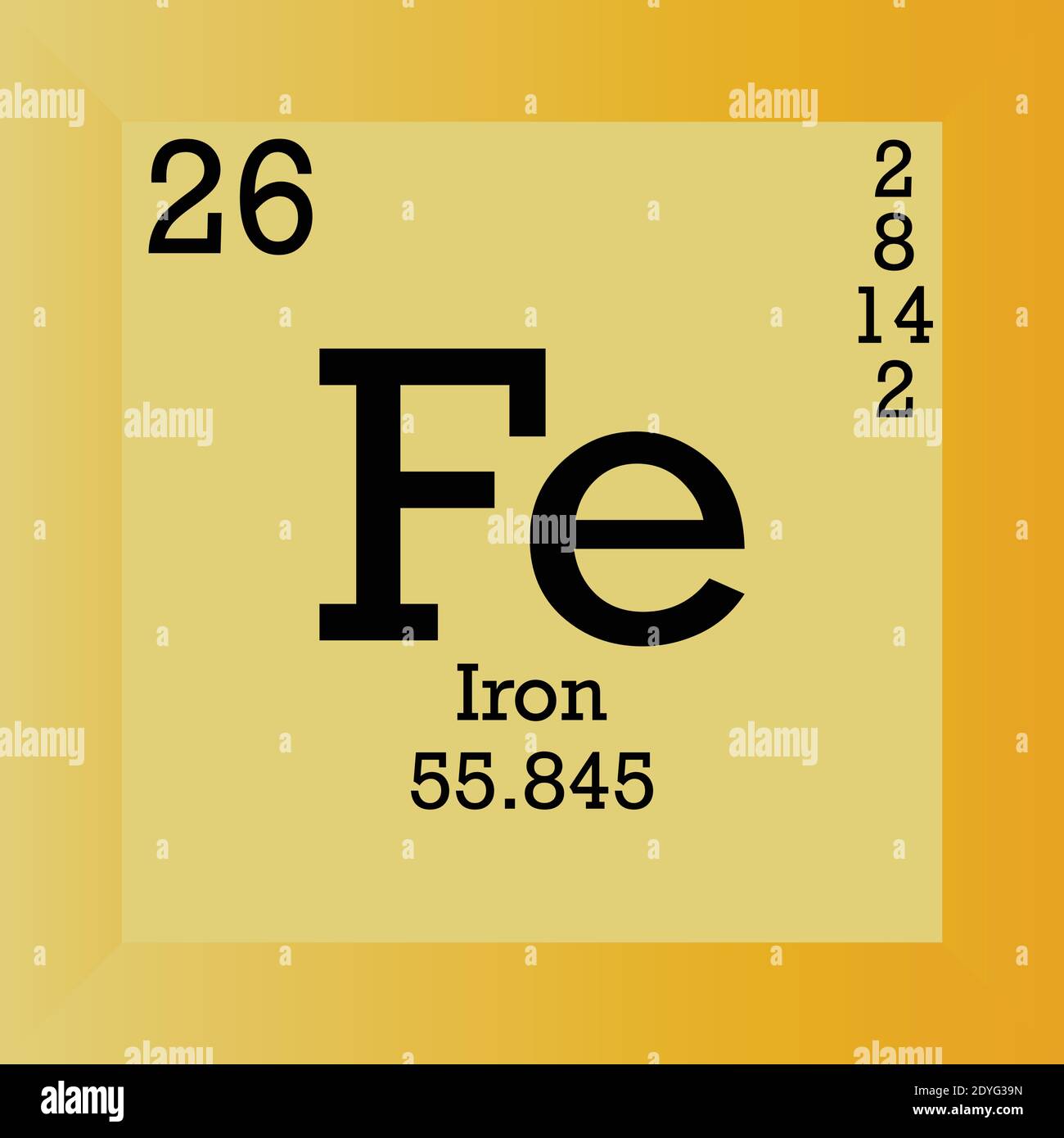 Fe Iron Chemical Element Tavola periodica. Illustrazione vettoriale singolo, icona elemento con massa molare, numero atomico e conn. Elettronico Illustrazione Vettoriale