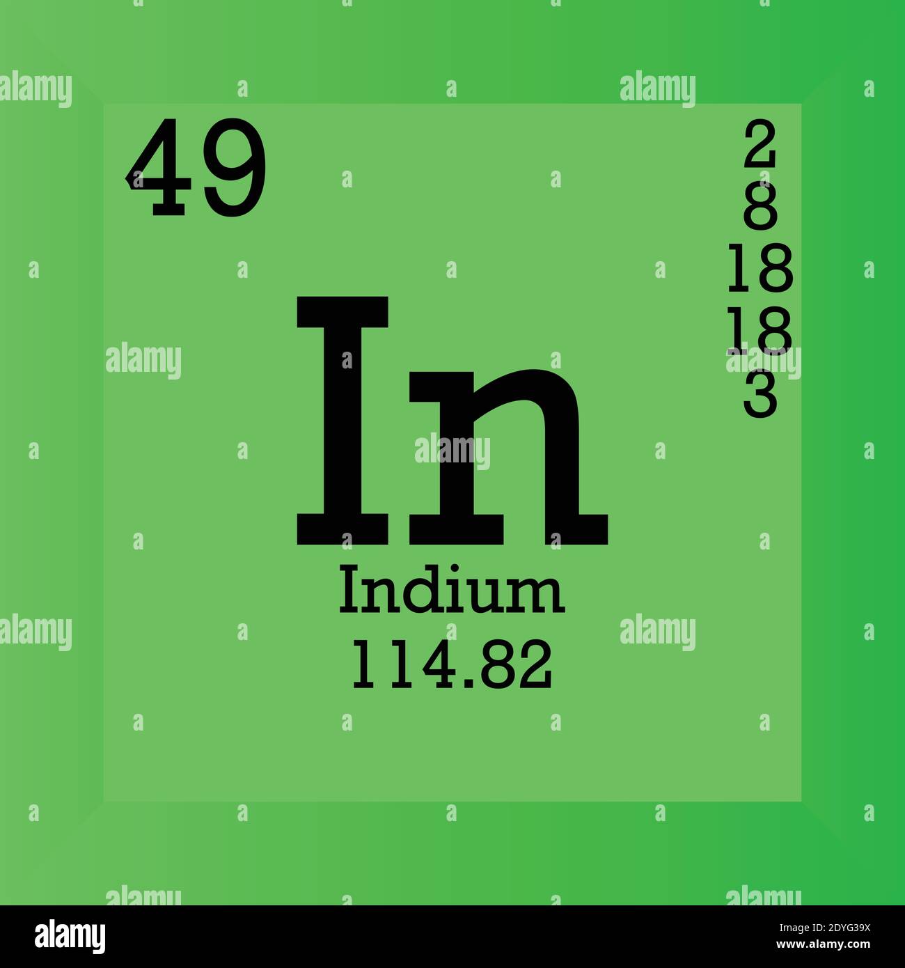Nella Tabella periodica degli elementi chimici indio. Illustrazione vettoriale singolo, icona elemento con massa molare, numero atomico e conn. Elettronico Illustrazione Vettoriale