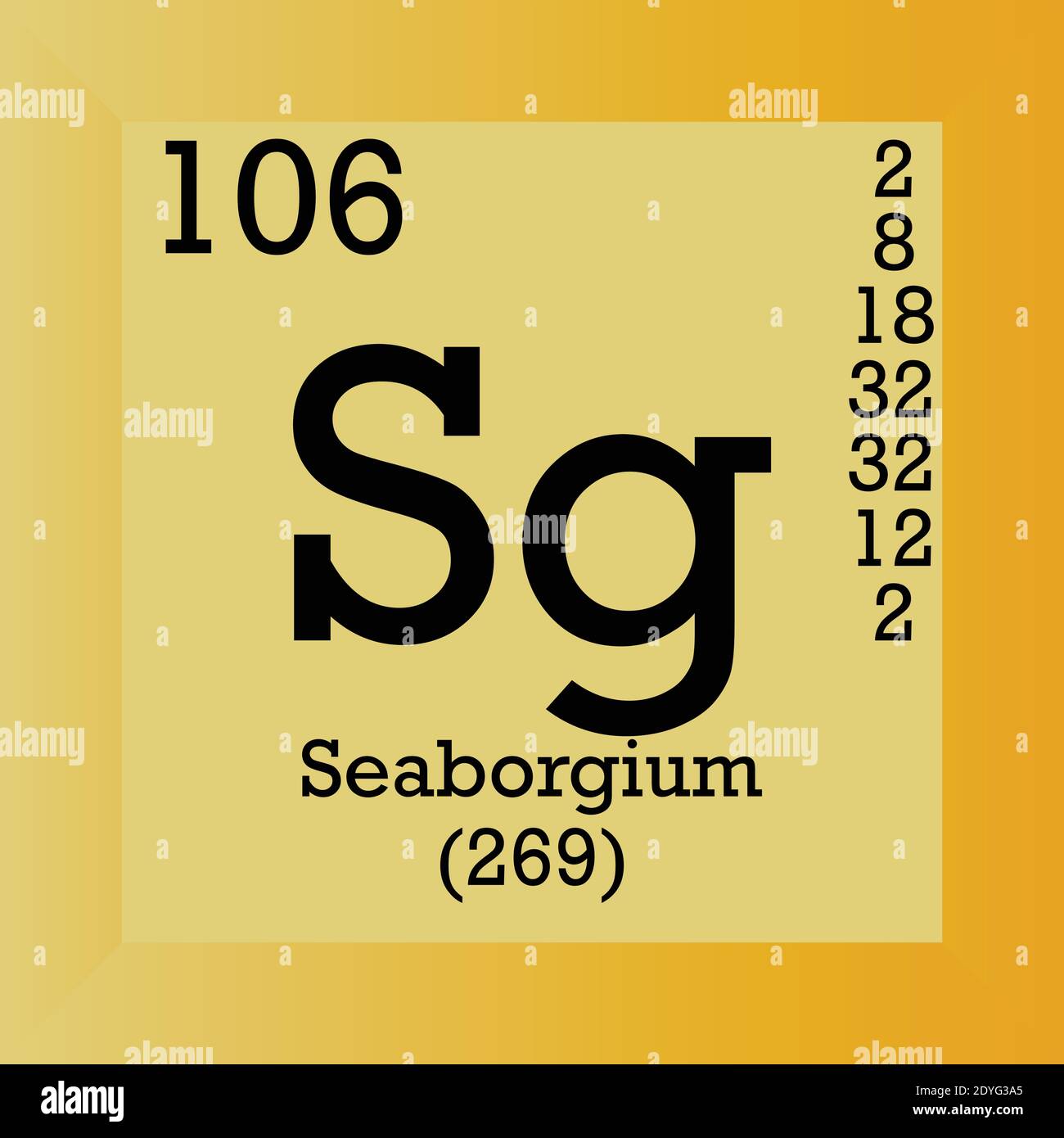 SG Seaborgium Tabella periodica degli elementi chimici. Illustrazione vettoriale singolo, icona elemento con massa molare, numero atomico e conn. Elettronico Illustrazione Vettoriale