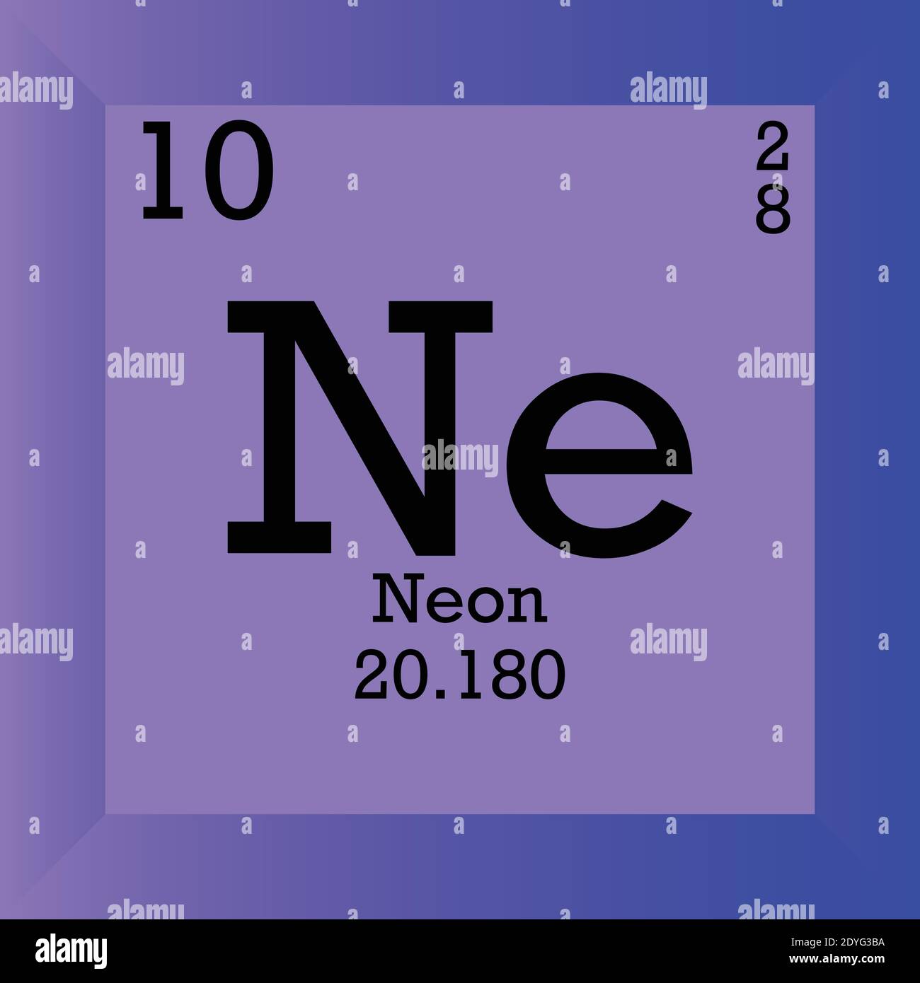 Tabella periodica elementi chimici Neon NE. Illustrazione vettoriale singolo, icona elemento con massa molare, numero atomico e conn. Elettronico Illustrazione Vettoriale