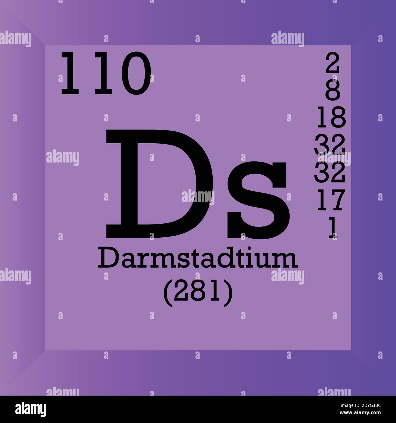 DS Darmstadtium Tabella periodica degli elementi chimici. Illustrazione vettoriale singolo, icona elemento con massa molare, numero atomico e conn. Elettronico Illustrazione Vettoriale