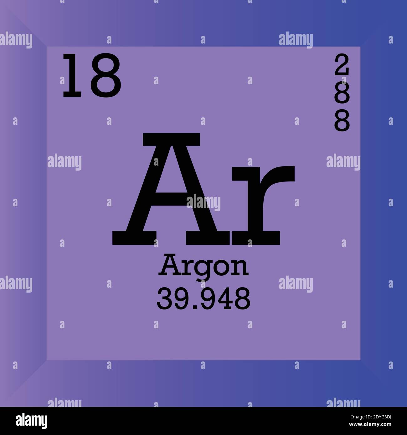 Tabella periodica degli elementi chimici dell'argon AR. Illustrazione vettoriale singolo, icona elemento con massa molare, numero atomico e conn. Elettronico Illustrazione Vettoriale