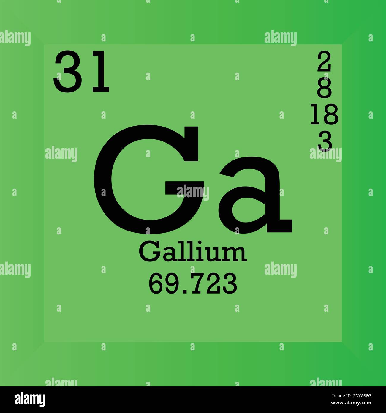 Tabella periodica degli elementi chimici del gallio GA. Illustrazione vettoriale singolo, icona elemento con massa molare, numero atomico e conn. Elettronico Illustrazione Vettoriale