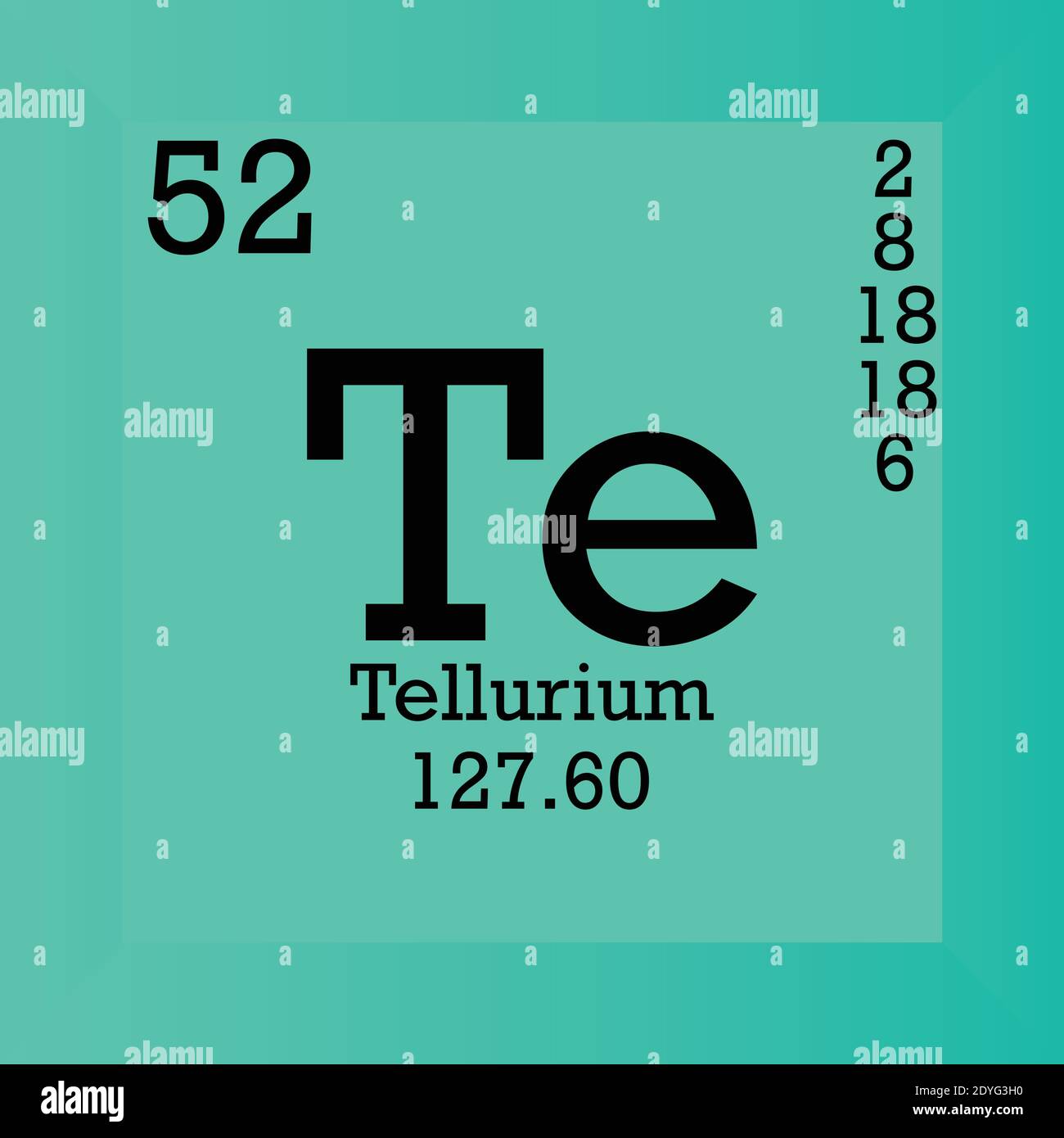 Tabella periodica degli elementi chimici del tellurio TE. Illustrazione vettoriale singolo, icona elemento con massa molare, numero atomico e conn. Elettronico Illustrazione Vettoriale