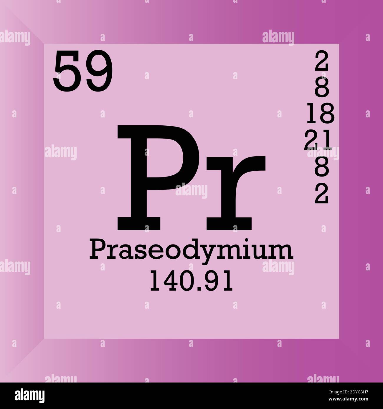 PR praseodimio elemento chimico Tavola periodica. Illustrazione vettoriale singolo, icona elemento con massa molare, numero atomico e conn. Elettronico Illustrazione Vettoriale