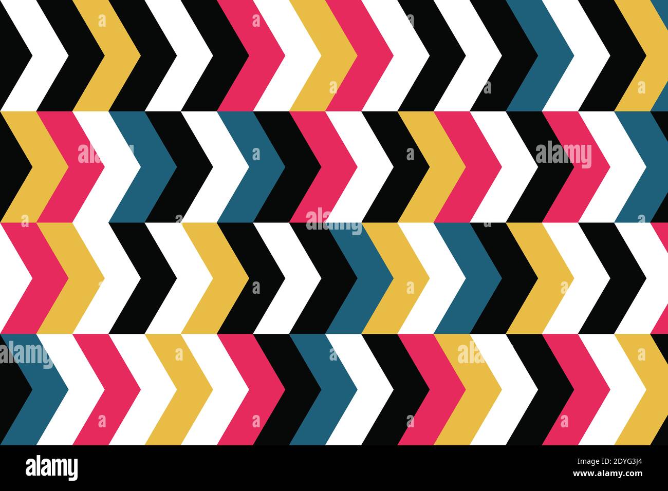 Schema di sfondo astratto realizzato con forme geometriche a forma di chevron. Arte vettoriale vivace, moderna e colorata nei colori rosso, blu, giallo e nero. Foto Stock