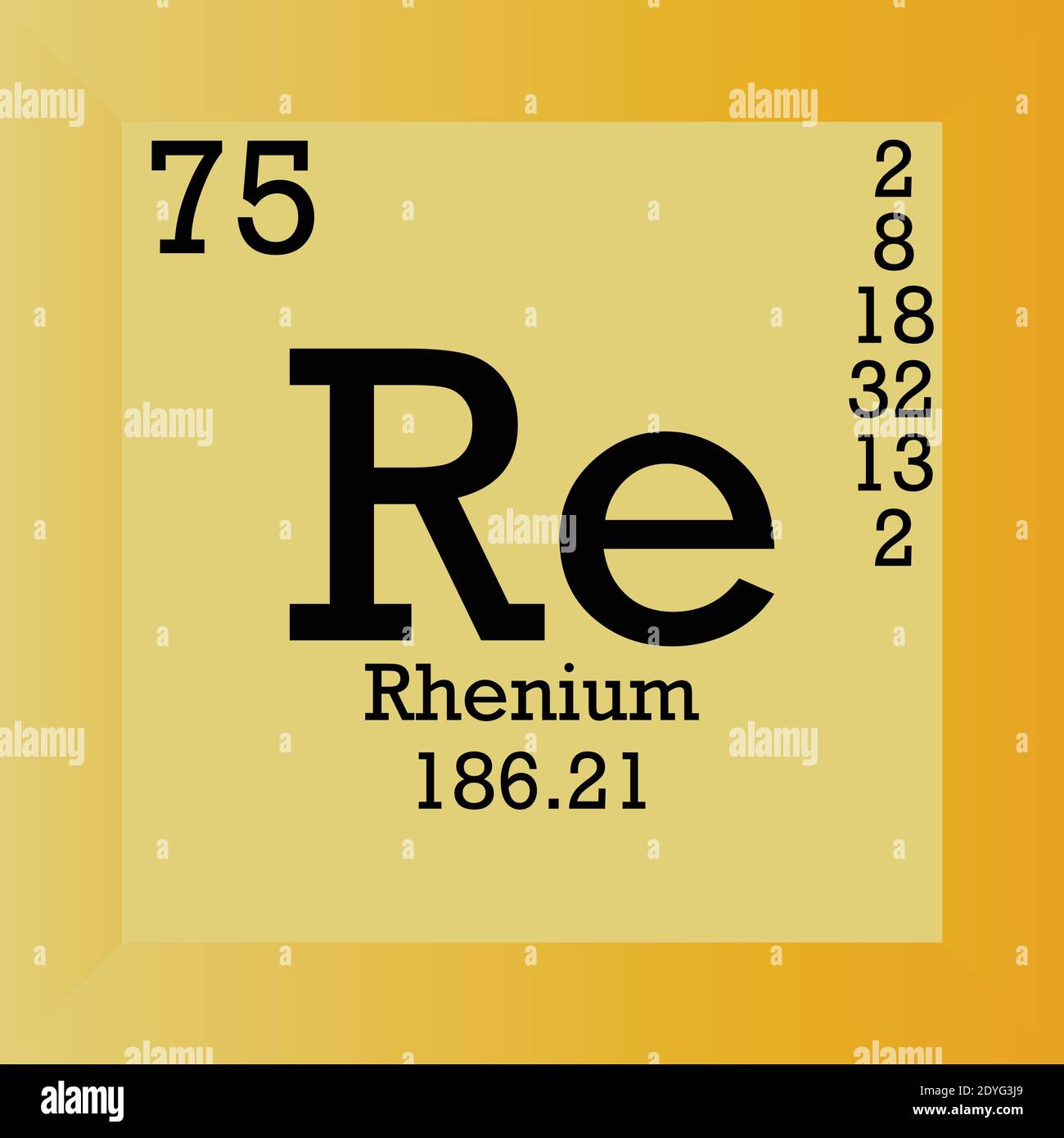 Tabella periodica degli elementi chimici del renio. Illustrazione vettoriale singolo, icona elemento con massa molare, numero atomico e conn. Elettronico Illustrazione Vettoriale