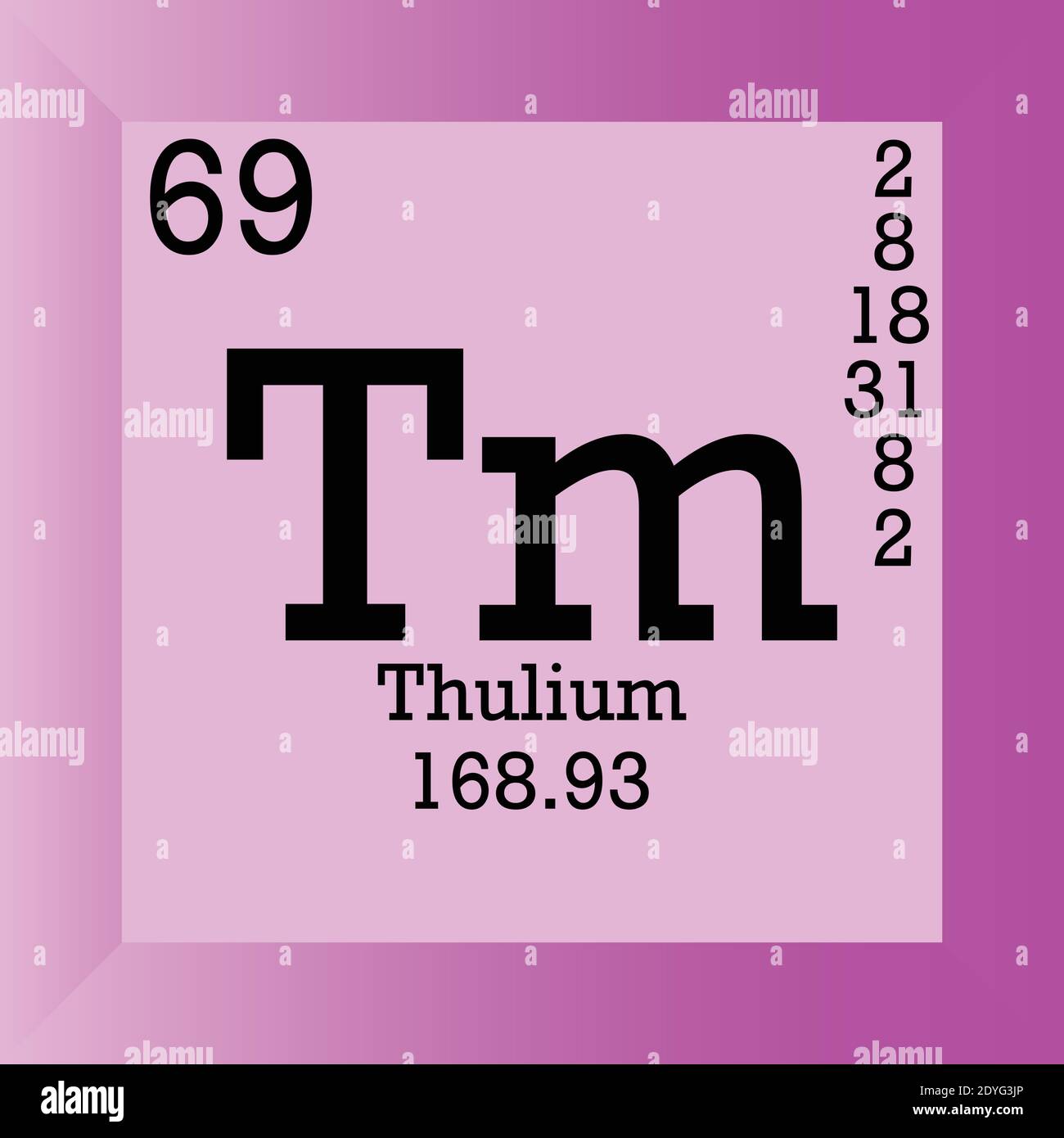 Tabella periodica degli elementi chimici del tulio TM. Illustrazione vettoriale singolo, icona elemento con massa molare, numero atomico e conn. Elettronico Illustrazione Vettoriale