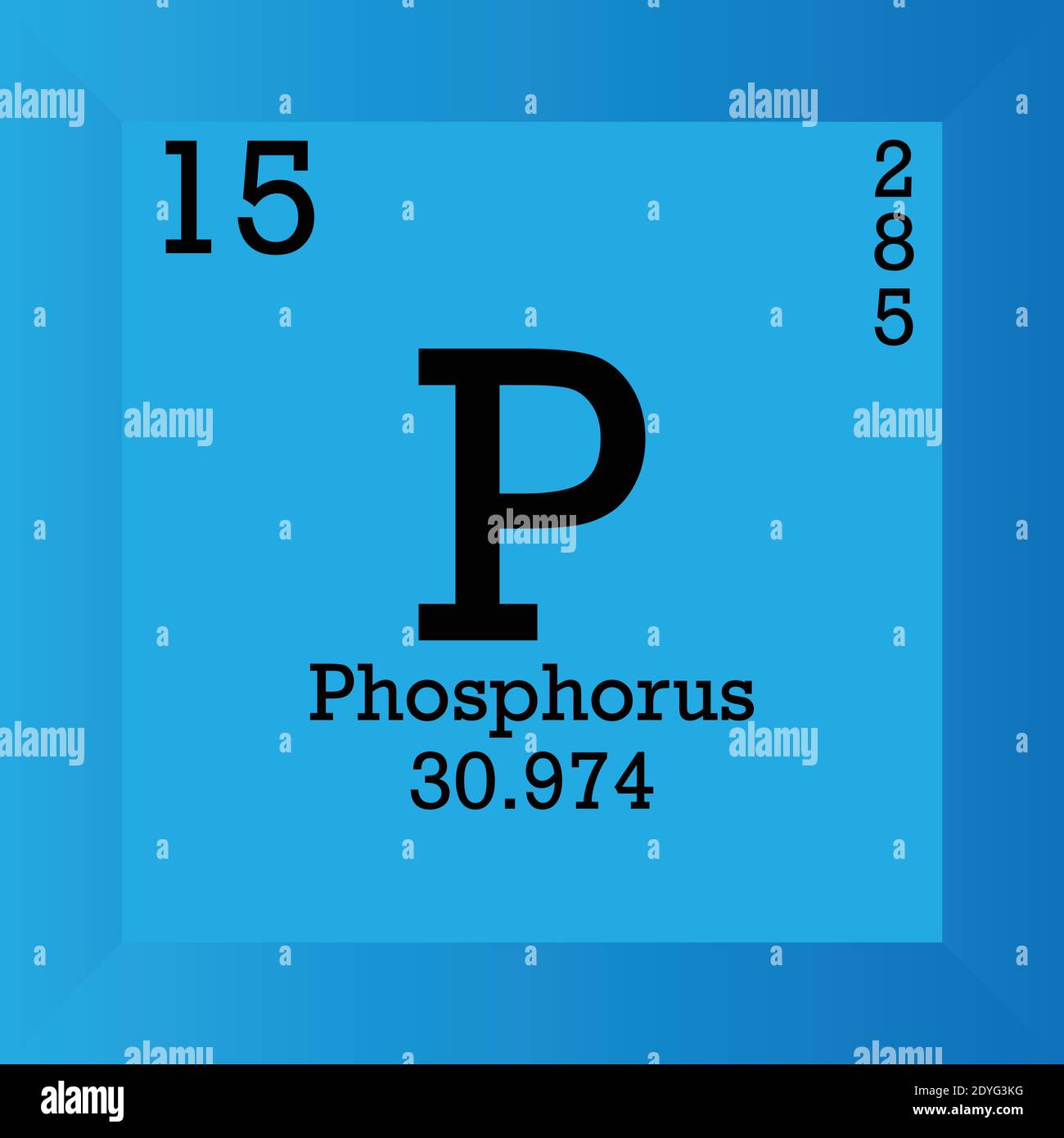 P Phosphorus Tabella periodica degli elementi chimici. Illustrazione vettoriale singolo, icona elemento con massa molare, numero atomico e conn. Elettronico Illustrazione Vettoriale