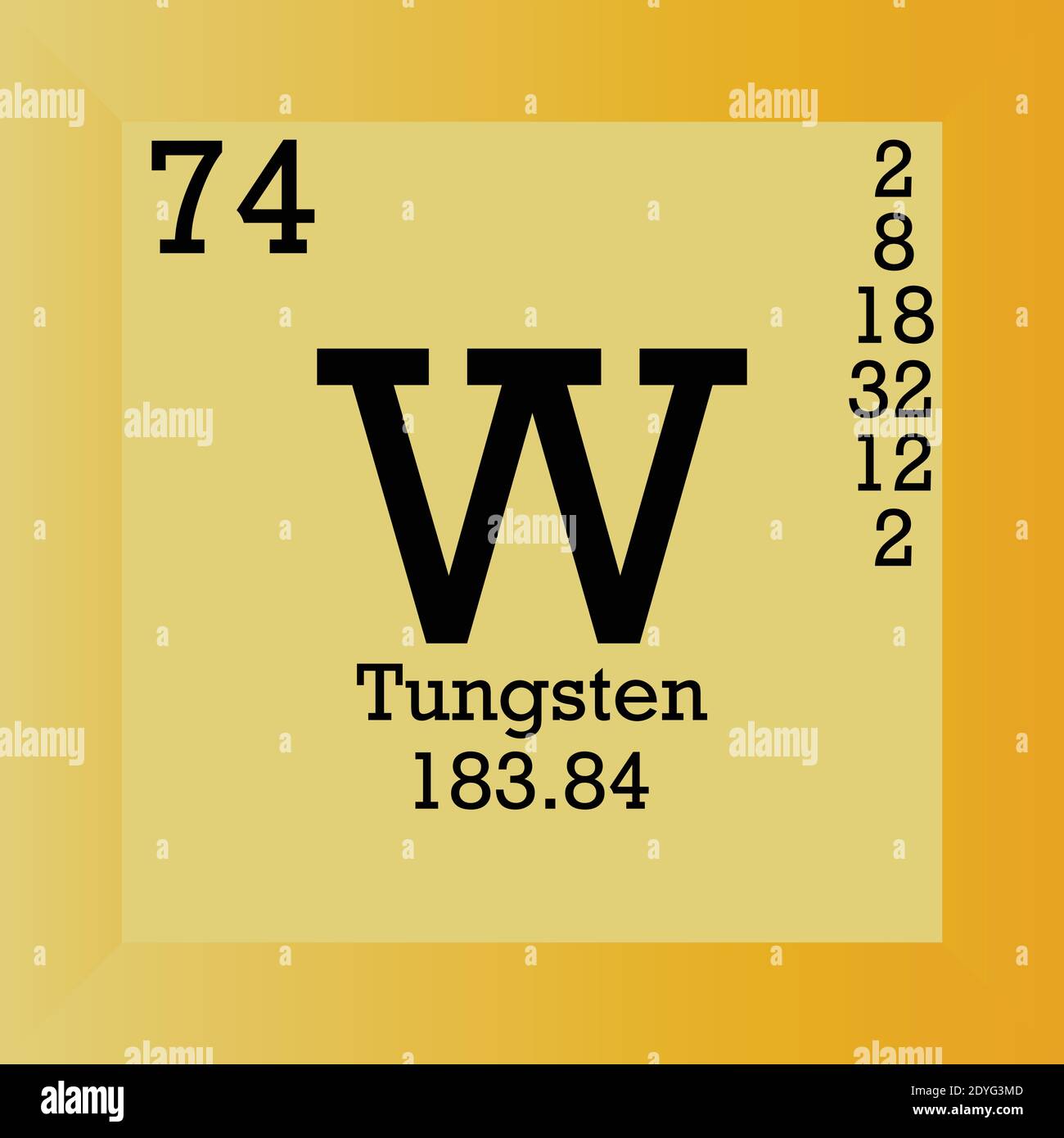 W Tabella periodica elementi chimici in tungsteno. Illustrazione vettoriale singolo, icona elemento con massa molare, numero atomico e conn. Elettronico Illustrazione Vettoriale