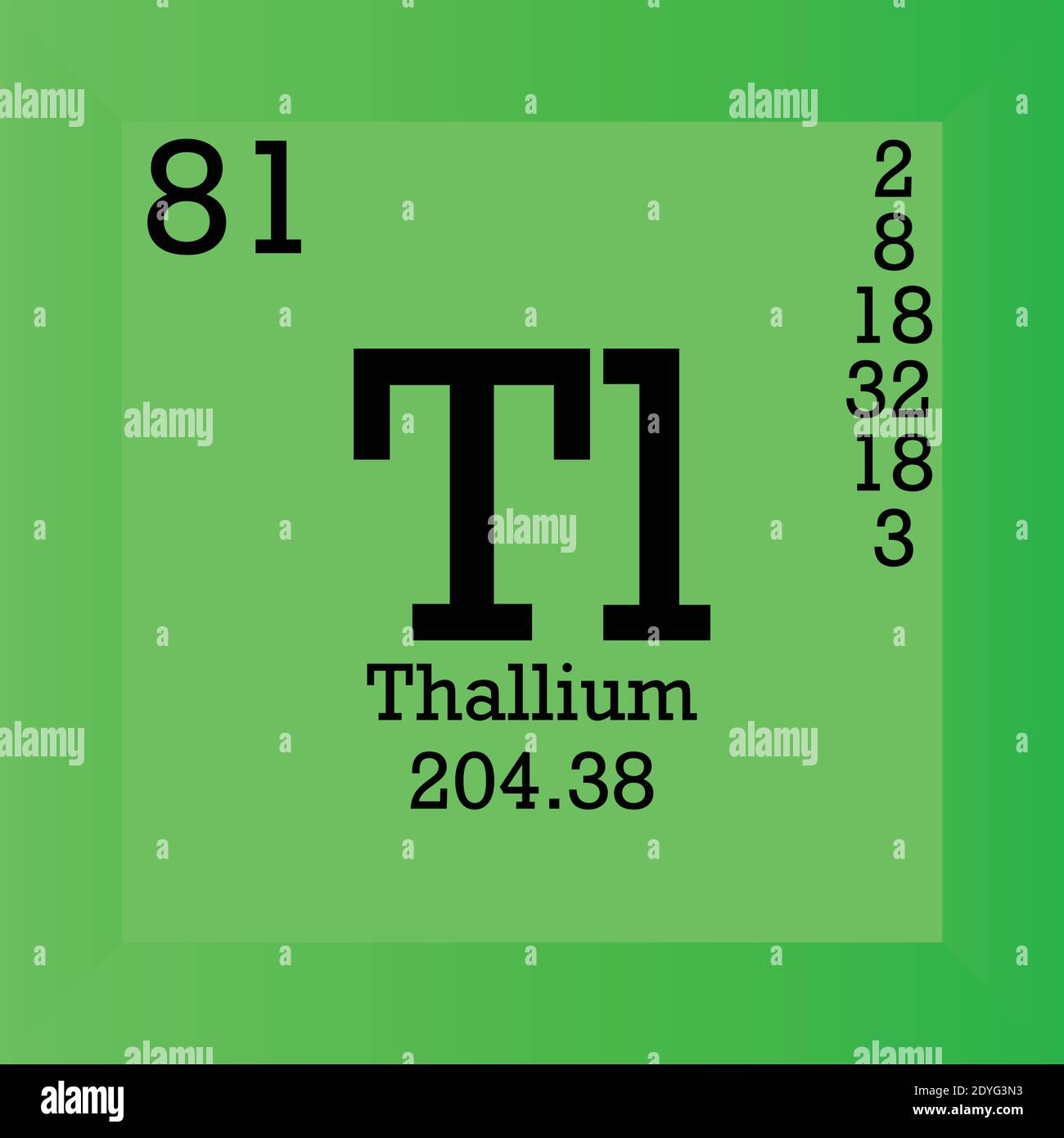 Tabella periodica degli elementi chimici al tallio TL. Illustrazione vettoriale singolo, icona elemento con massa molare, numero atomico e conn. Elettronico Illustrazione Vettoriale