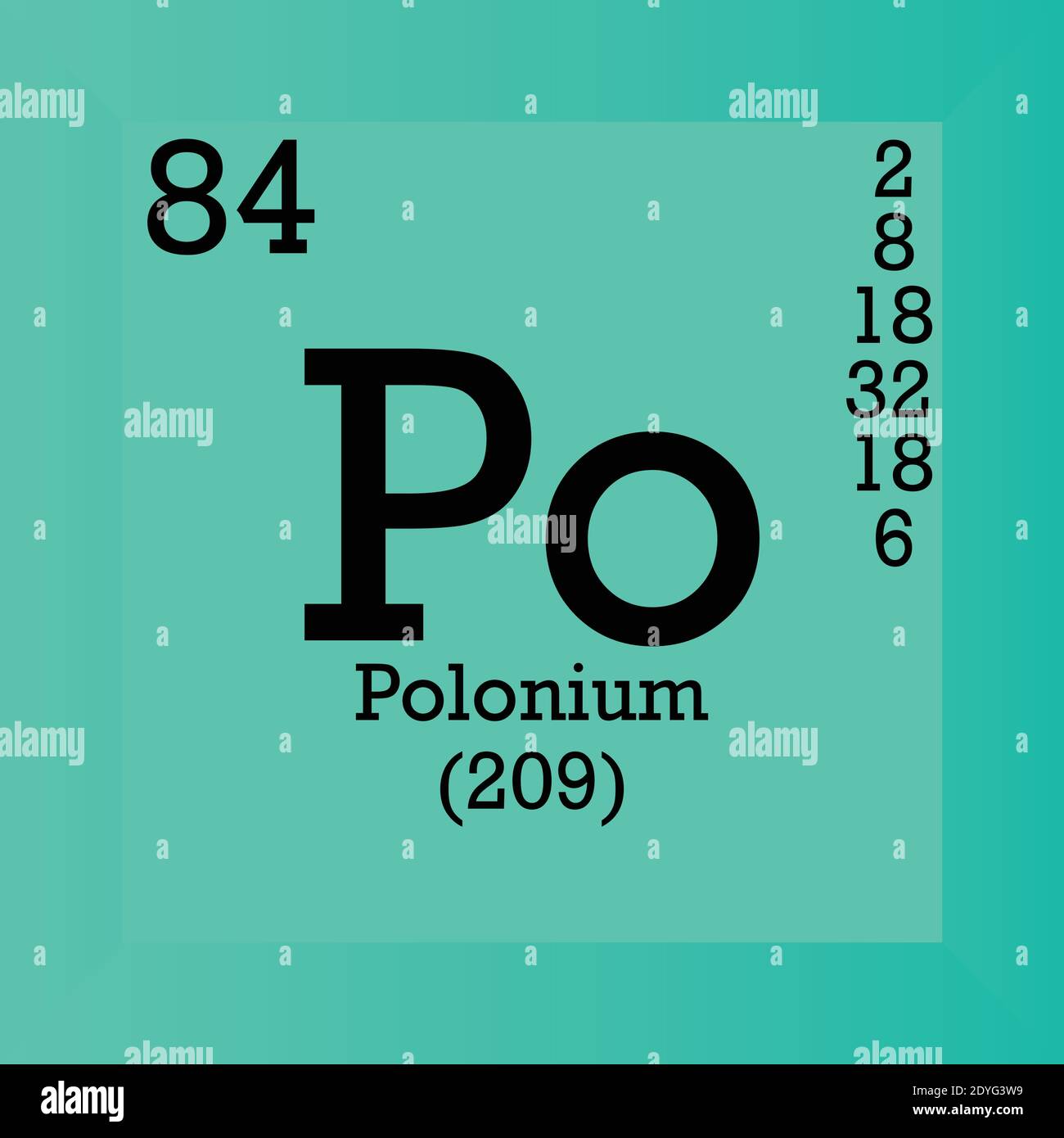 Po Polonio elemento chimico Tavola periodica. Illustrazione vettoriale singolo, icona elemento con massa molare, numero atomico e conn. Elettronico Illustrazione Vettoriale