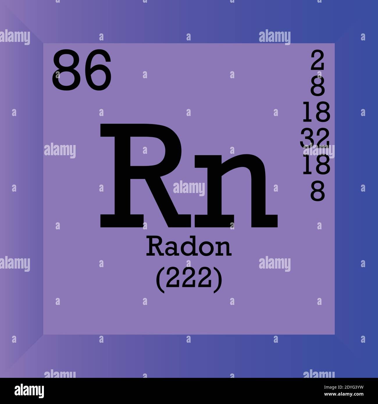 Tabella periodica degli elementi chimici RN Radon. Illustrazione vettoriale singolo, icona elemento con massa molare, numero atomico e conn. Elettronico Illustrazione Vettoriale