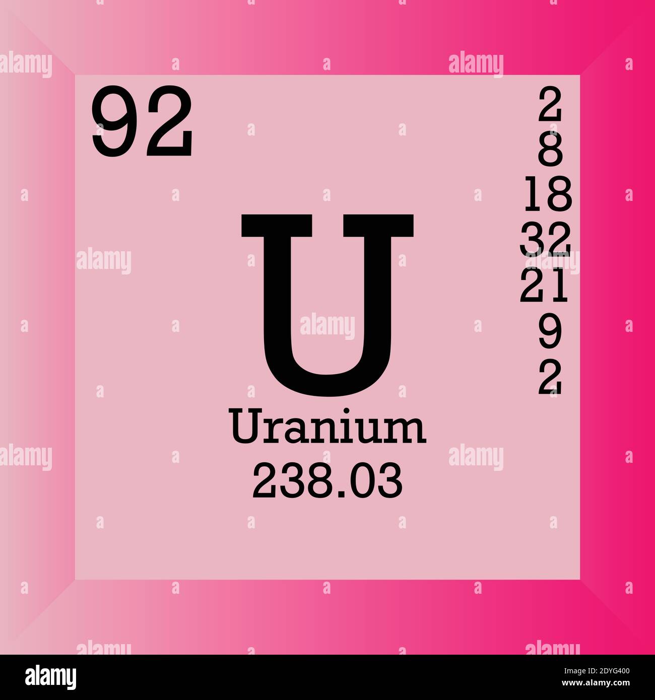 U Tabella periodica degli elementi chimici dell'uranio. Illustrazione vettoriale singolo, icona elemento con massa molare, numero atomico e conn. Elettronico Illustrazione Vettoriale