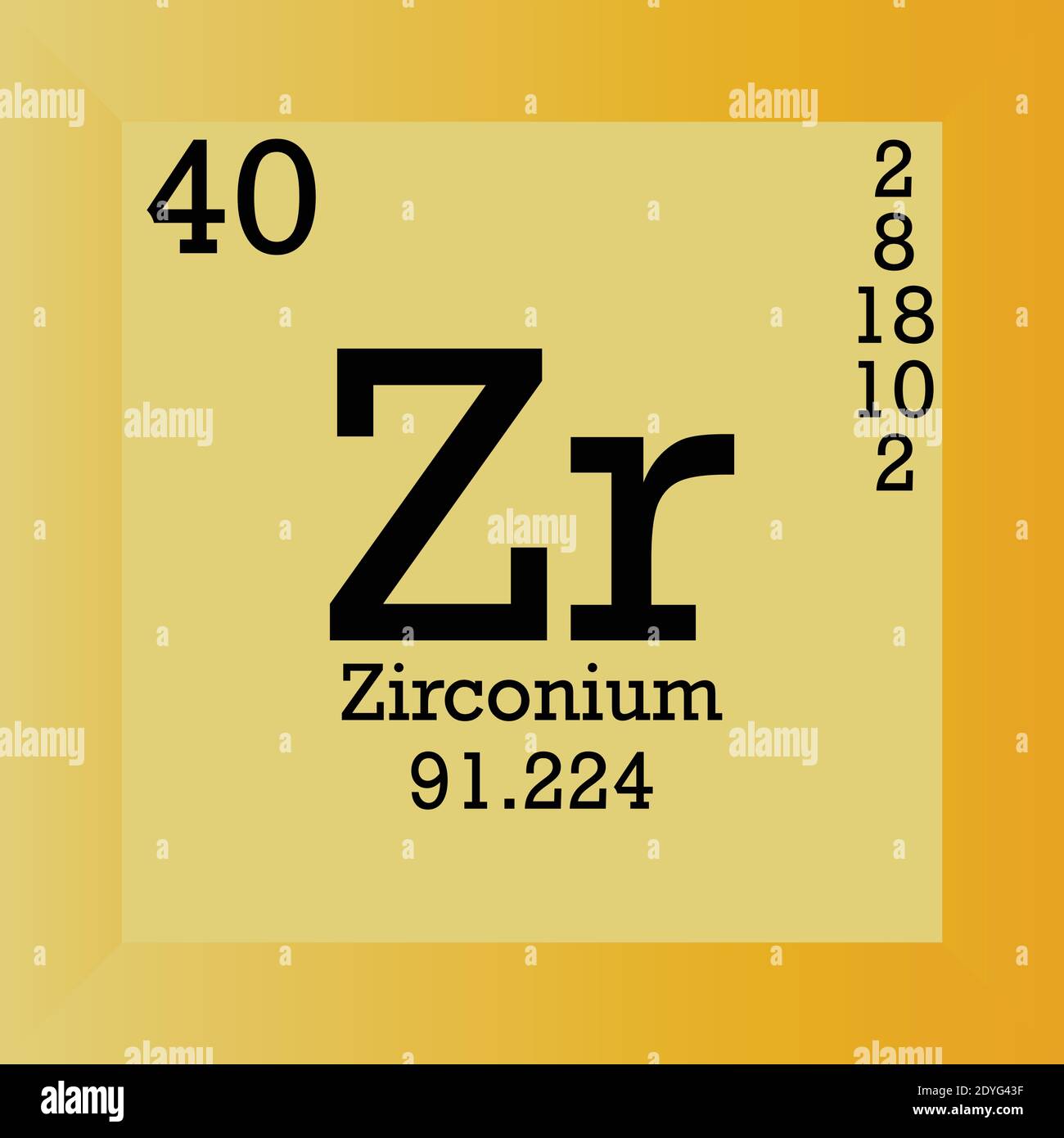 ZR zirconio Tabella periodica degli elementi chimici. Illustrazione vettoriale singolo, icona elemento con massa molare, numero atomico e conn. Elettronico Illustrazione Vettoriale