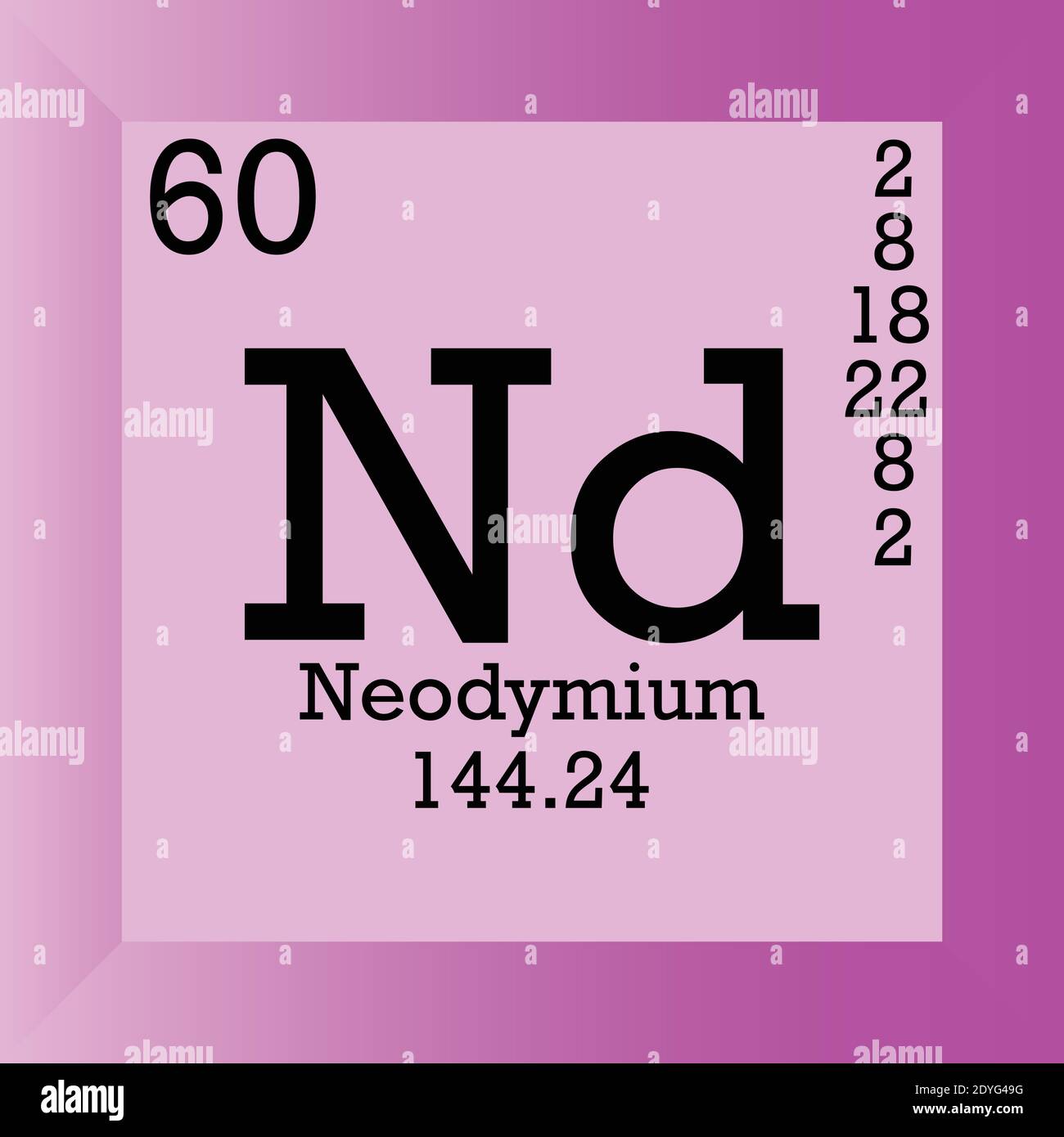 ND Tabella periodica degli elementi chimici al neodimio. Illustrazione vettoriale singolo, icona elemento con massa molare, numero atomico e conn. Elettronico Illustrazione Vettoriale