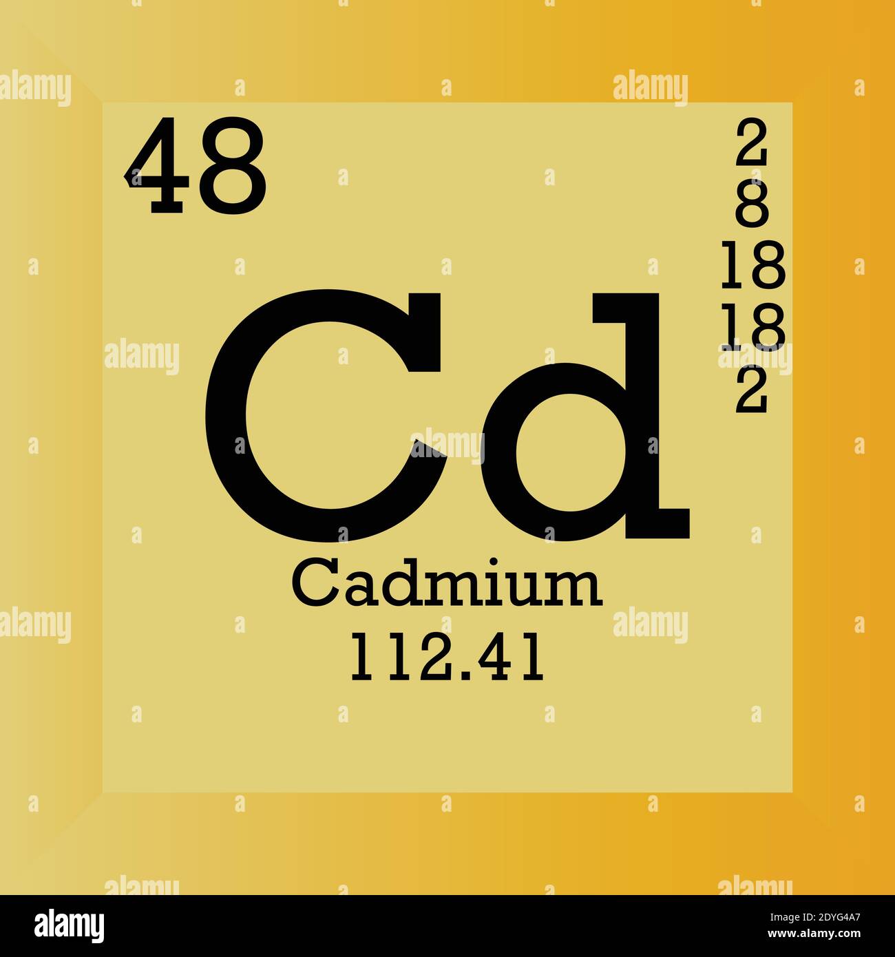 CD Tabella periodica degli elementi chimici del cadmio. Illustrazione vettoriale singolo, icona elemento con massa molare, numero atomico e conn. Elettronico Illustrazione Vettoriale
