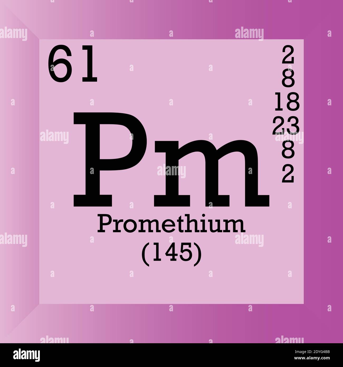 Tabella periodica degli elementi chimici del prometio PM. Illustrazione vettoriale singolo, icona elemento con massa molare, numero atomico e conn. Elettronico Illustrazione Vettoriale