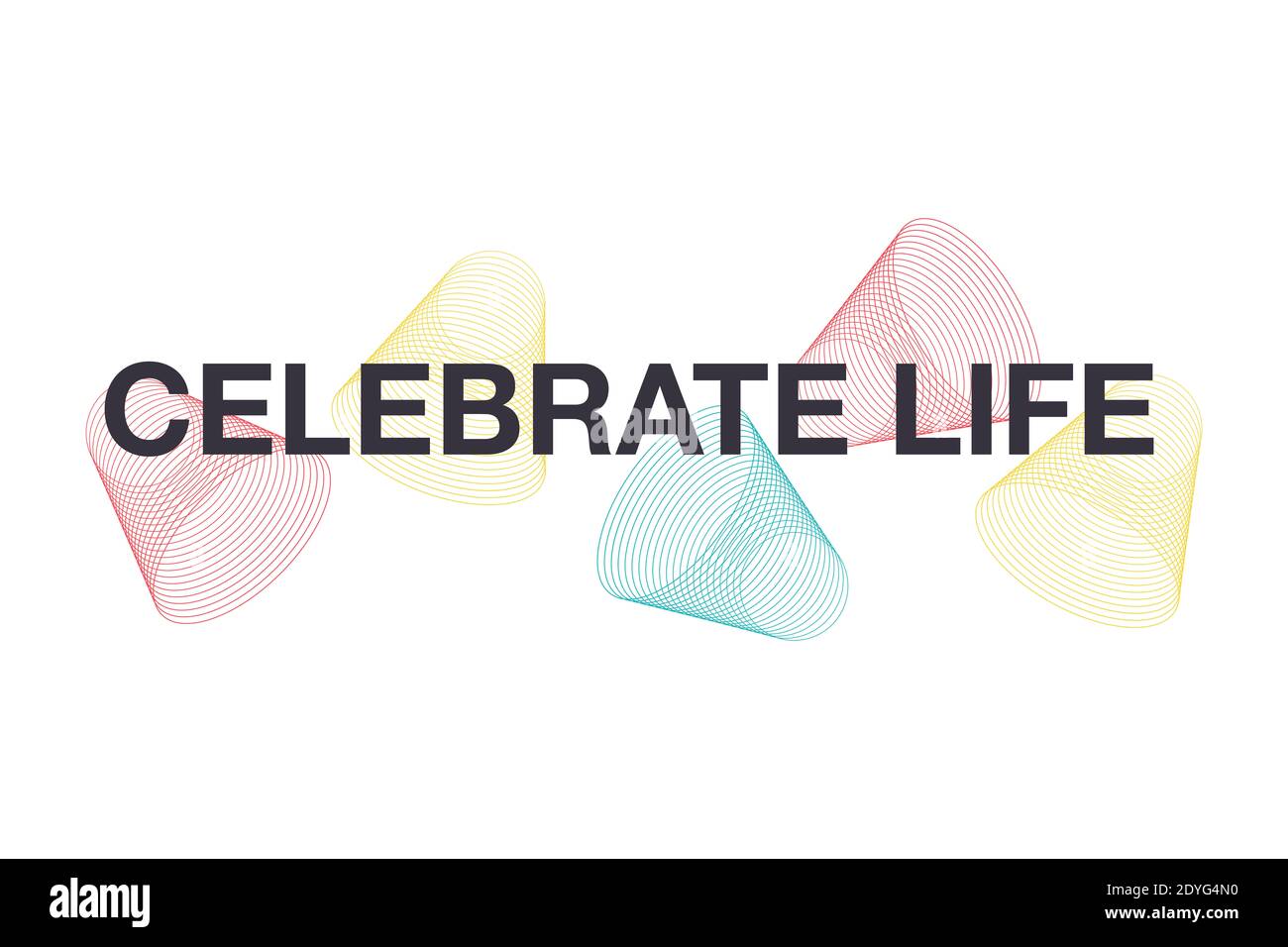 Design grafico moderno e giocoso di un detto 'Celebrate Life' con forme colorate e geometriche nei colori giallo, blu e rosso. Tipografia urbana. Foto Stock