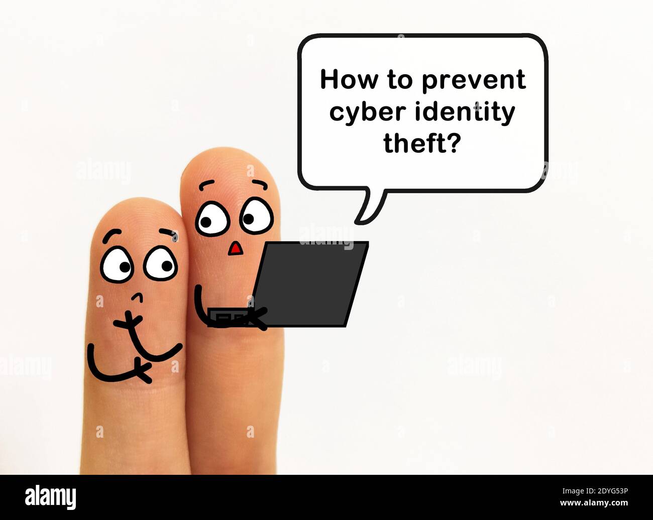Due dita sono decorate come due persone. Uno di loro sta chiedendo ad un altro come fermare il furto di identità cibernetica. Foto Stock