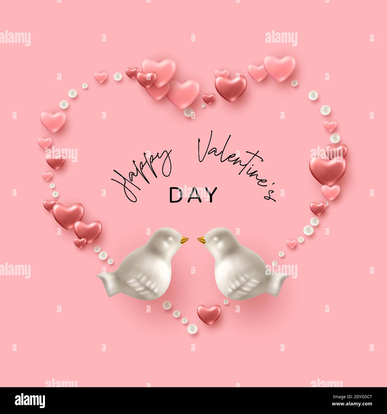 Carta San Valentino. Una forma a cuore formata da cuori rosa, uccelli in porcellana e perle Illustrazione Vettoriale