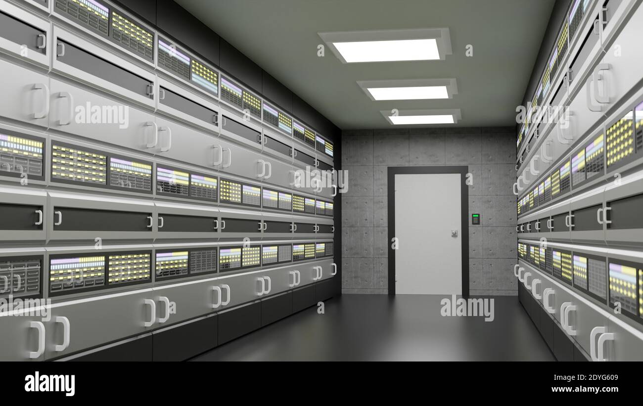 Sala server sicura, data center, interno della struttura di cloud computing, numerosi rack per server, vista interna di più computer. Hosting Web, cloud Foto Stock