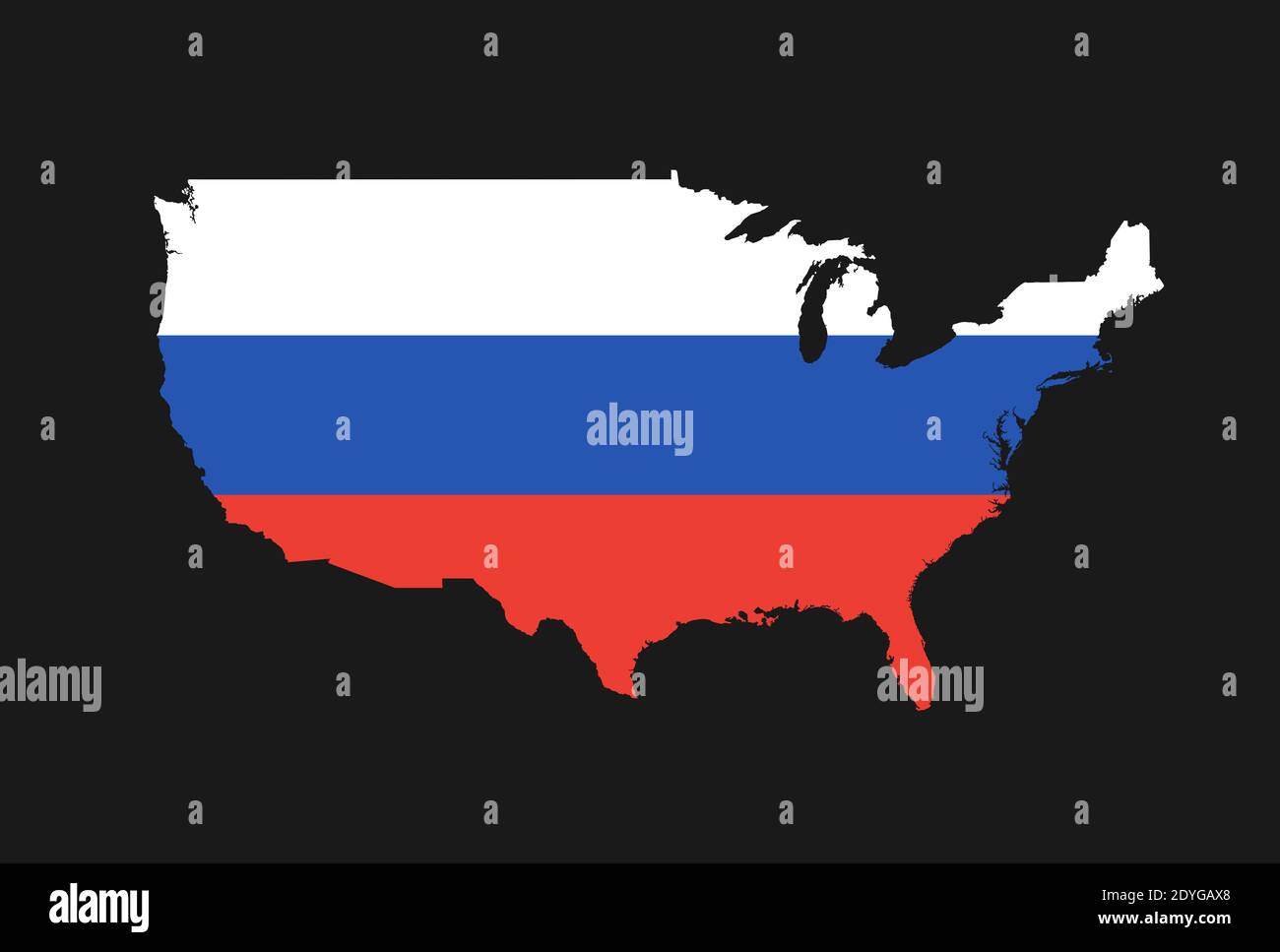 Mappa degli Stati Uniti a colori della Russia come metafora della sfera di interesse russa. Influenza politica, ingerenza, coinvolgimento e intervento dei russi Foto Stock
