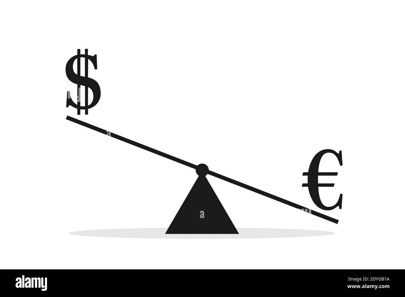 Il dollaro USA e l'euro sono confrontati su peso e scala. Confronto del valore e della valutazione della valuta. Illustrazione vettoriale isolata in bianco. Foto Stock