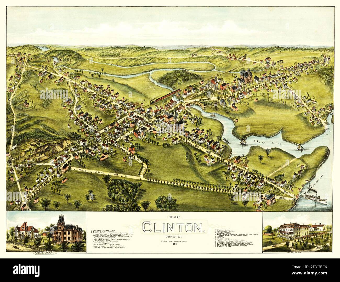 Prospettiva o vista ad occhio di uccello mappa di Clinton, Connecticut 1881. Questa riproduzione restaurata e dettagliata mette in mostra molti dettagli e punti di riferimento, rendendo questa mappa un grande riferimento storico. Foto Stock