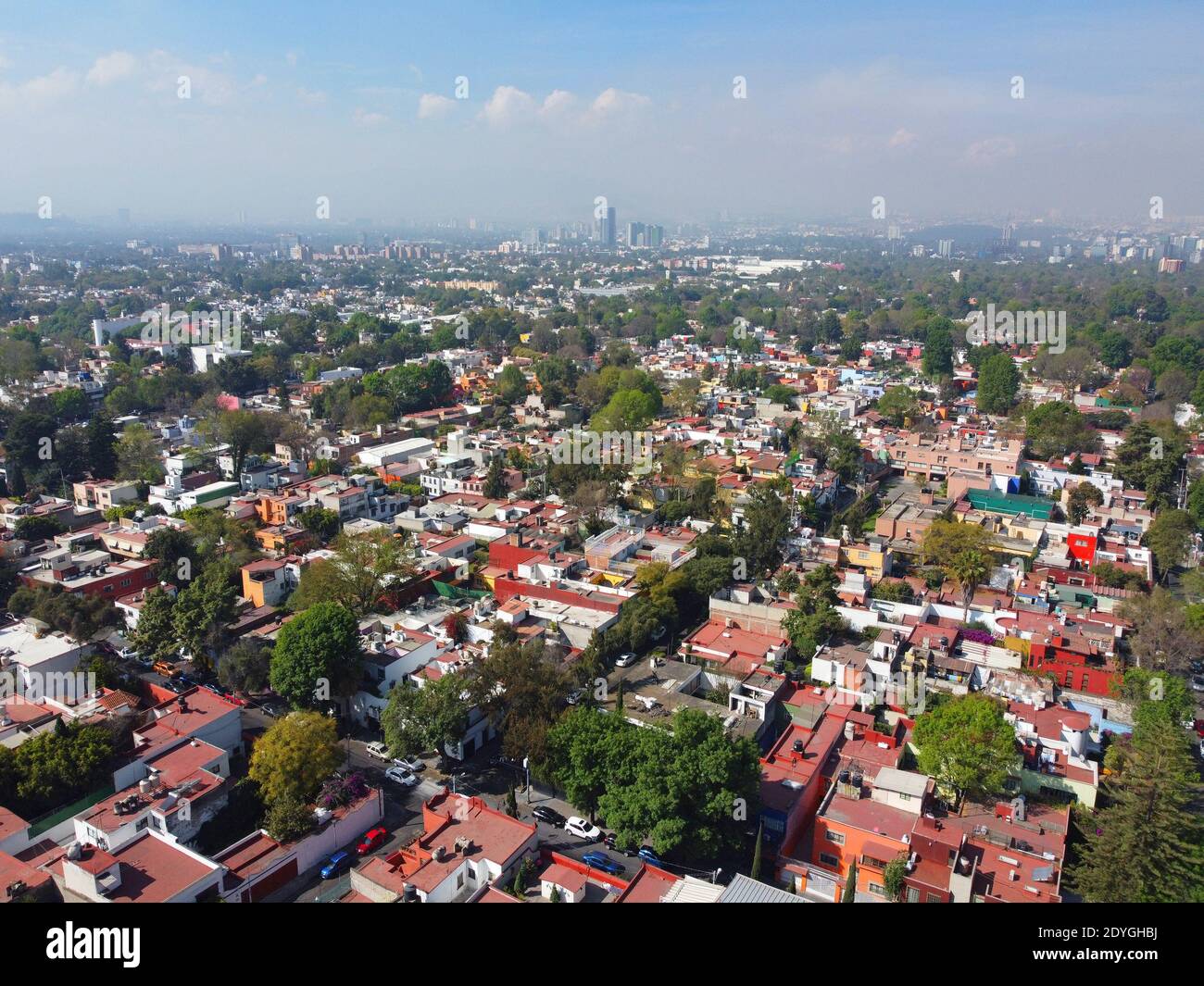 Centro storico di Villa Coyoacan vista aerea a Città del Messico CDMX, Messico. Foto Stock