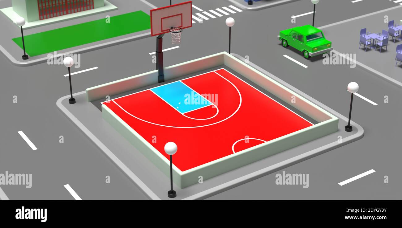 Campo da pallacanestro Cartoon in centro. Arena di strada aperta con parquet rosso e canestro per lo sport, attività in città. Città, all'aperto playgroun vuoto Foto Stock