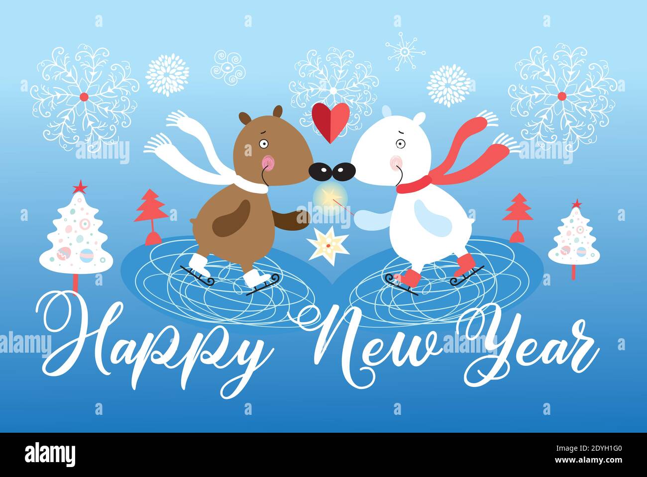 Festa di Capodanno con orsi amorevoli su sfondo blu con fiocchi di neve. Esempio di una tessera vacanze con orsi per Natale e Capodanno Illustrazione Vettoriale